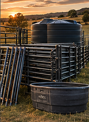 Black water storage tank in a rural field at sunset, with metal fencing and livestock fencing in the foreground.