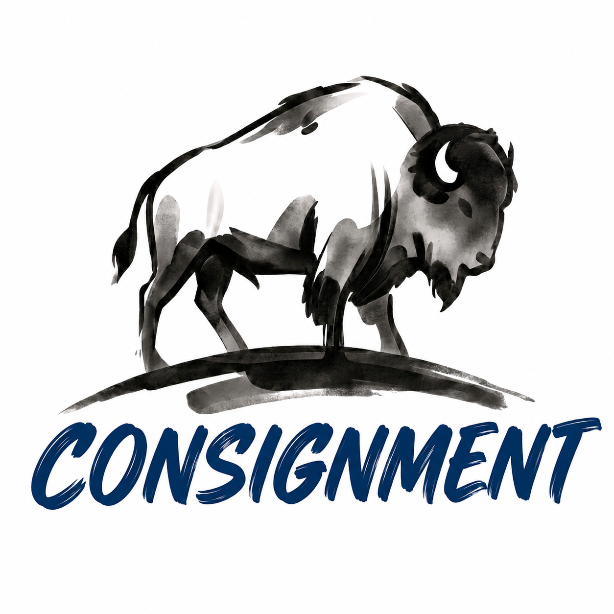 A black and white watercolor style image of a ram standing on a curved surface, with the word 'CONSIGNMENT' in bold navy blue letters below.