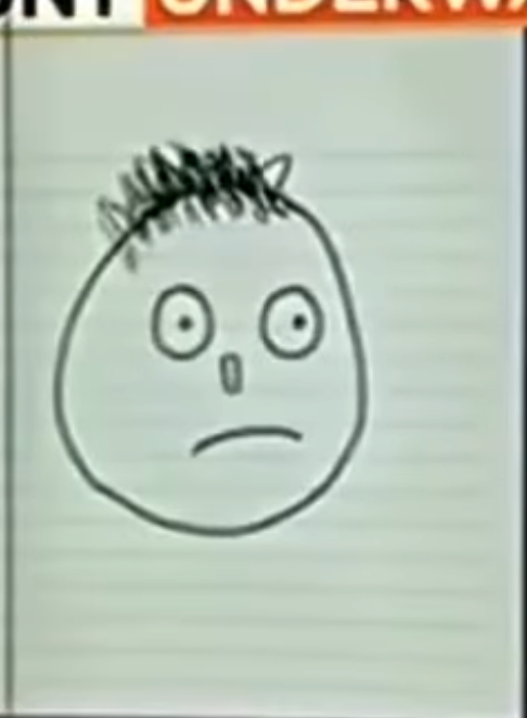 Hand-drawn face with wide eyes, small nose, sad mouth, and spiky hair on lined paper.