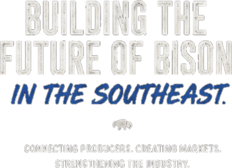 Text graphic with the headline 'Building the Future of Bison in the Southeast' and an illustration of a bison. Subtitle reads 'Connecting producers, creating markets, strengthening the industry.'