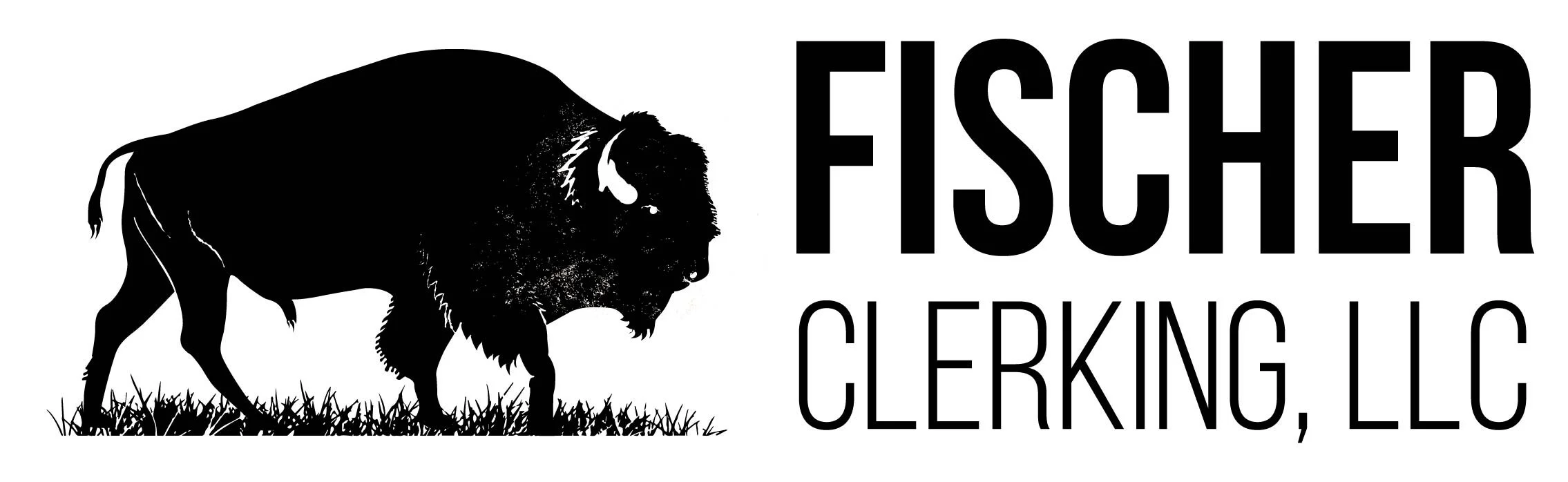 Black silhouette of a buffalo on grass next to bold text that reads "Fisher Clery, LLC" in black capital letters.