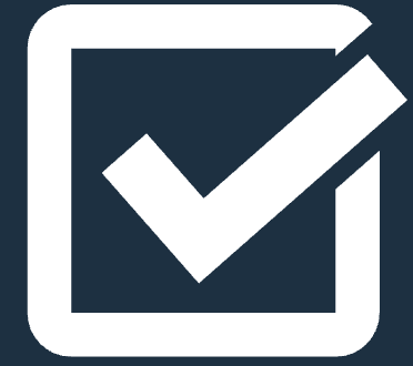 White check mark inside a white square with rounded corners on a dark blue background, symbolizing completion or approval.