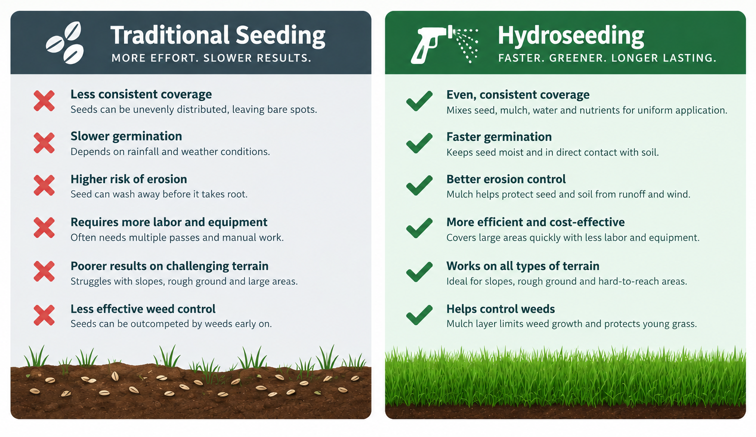 Comparison chart of traditional seeding and hydroseeding methods, highlighting advantages of hydroseeding such as even coverage, faster germination, better erosion control, efficiency, versatile terrain use, and weed control, versus traditional seeding drawbacks.