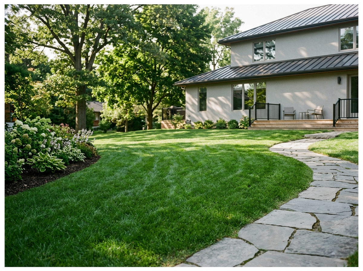 Backyard of a house with a stone pathway, green grass, trees, and a patio with outdoor furniture.