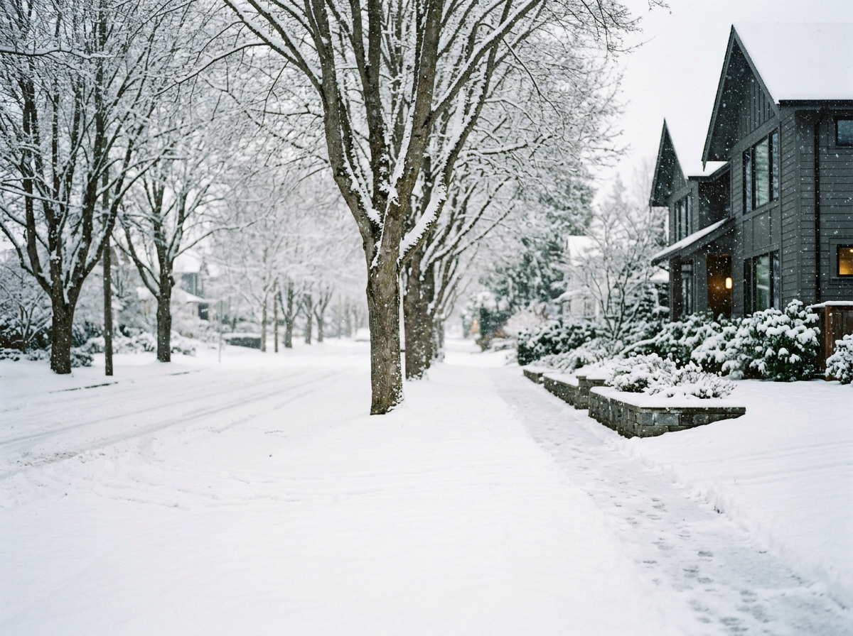 Snow-covered street with bare trees, sidewalk, and modern house with snow on roof and bushes