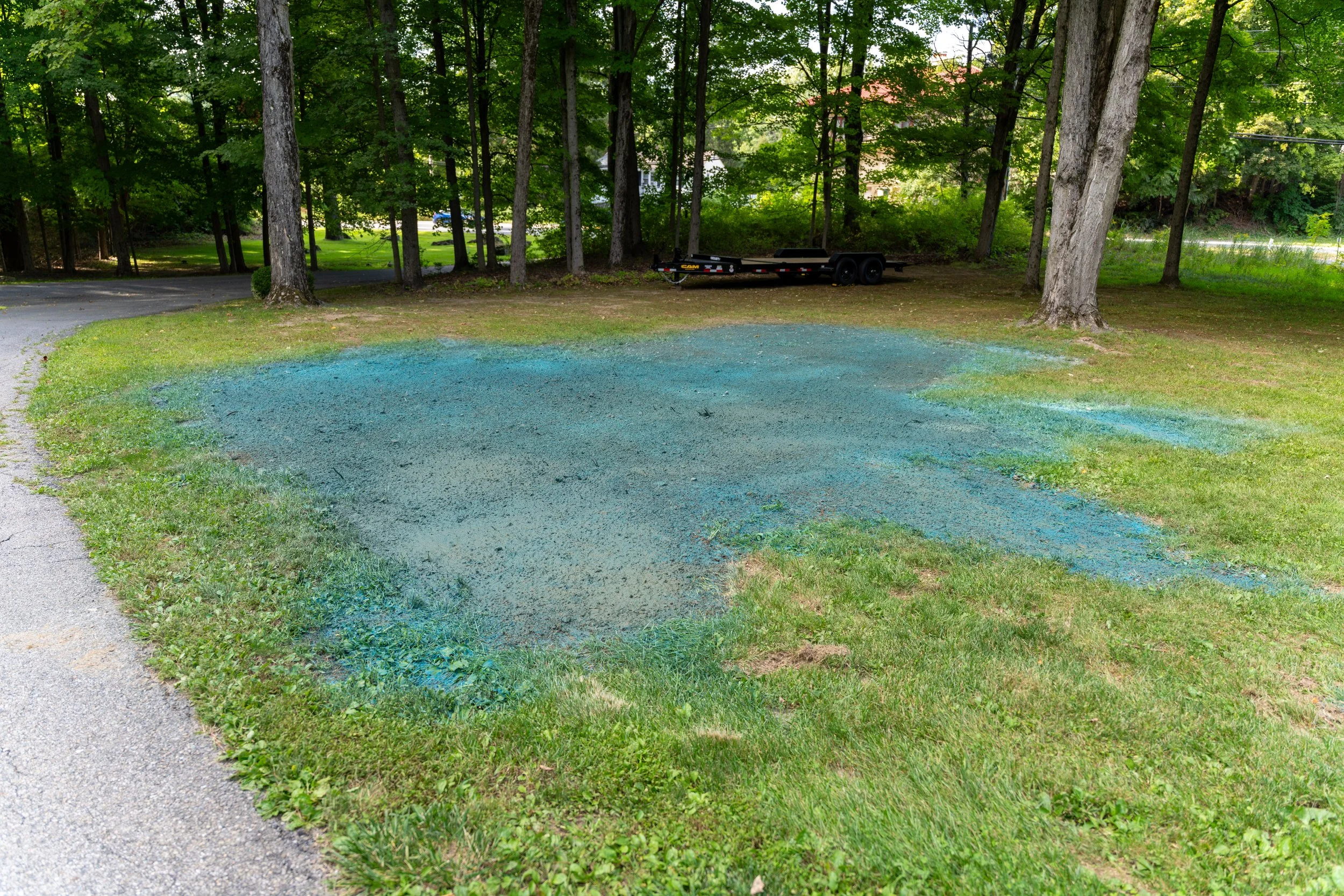 A grassy area with a blue spray-painted outline on the ground, surrounded by trees and a trailer parked nearby.