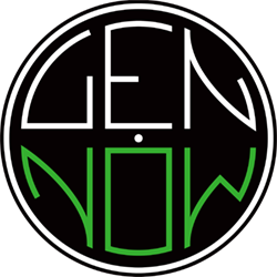 Logo with the words 'GEN NOW' arranged in a circular design, with 'GEN' at the top and 'NOW' at the bottom, in a minimalist style with white and green colors.