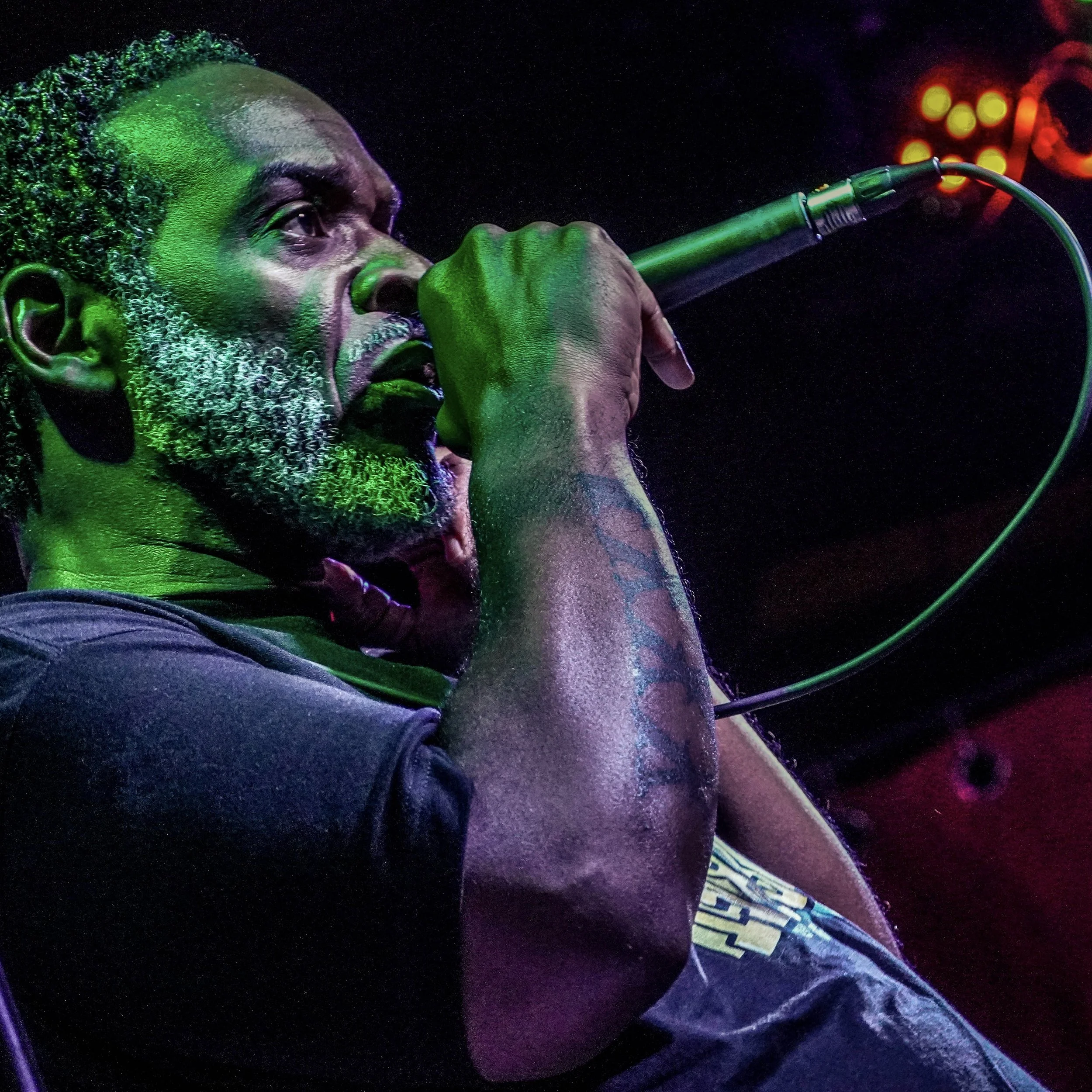 A man with gray hair and a beard singing into a microphone with green and red lighting.