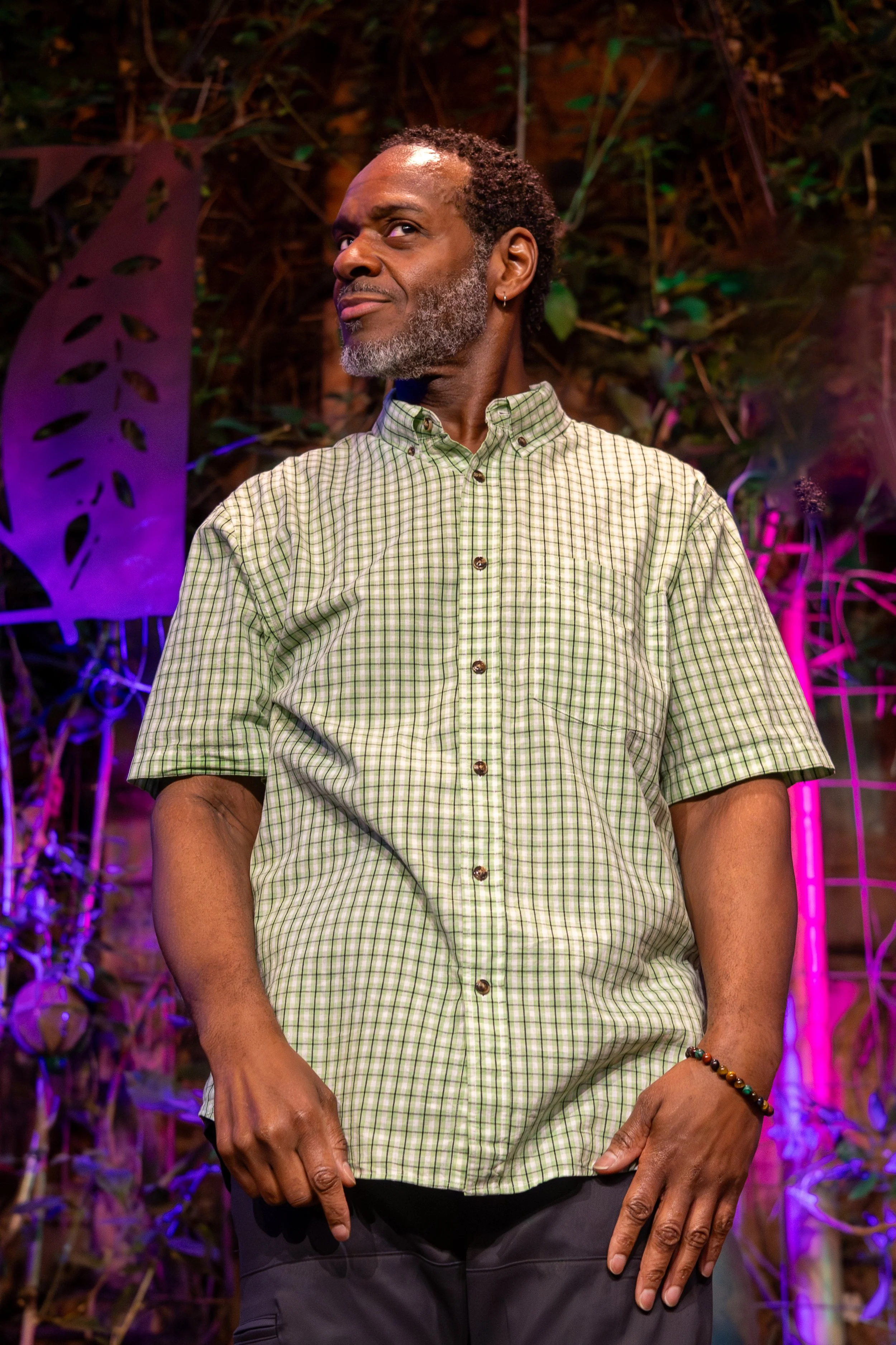 A middle-aged man with a gray beard, wearing a green checkered shirt, stands outdoors at night in front of a colorful, illuminated background with plants and foliage.