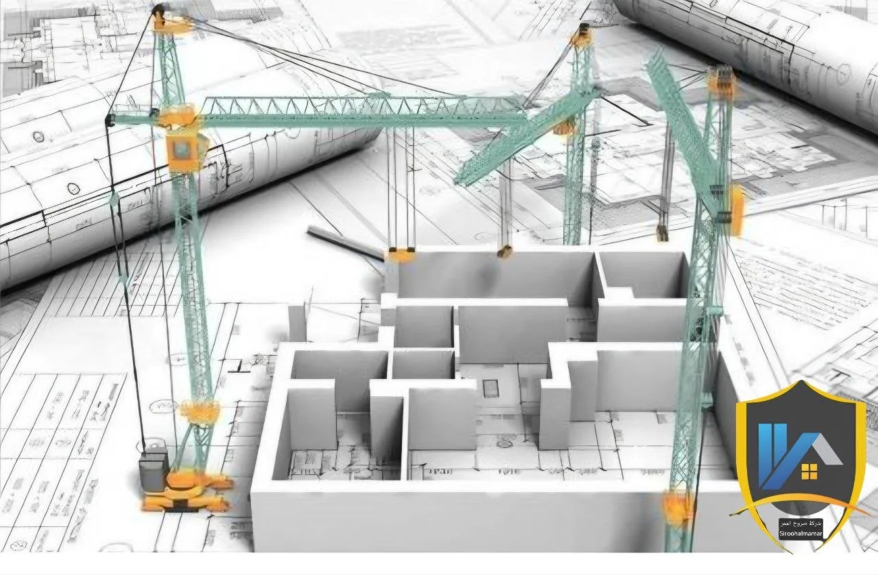 Architectural plan with 3D model of a house, including walls and rooms, overlaid with construction cranes and blueprints.