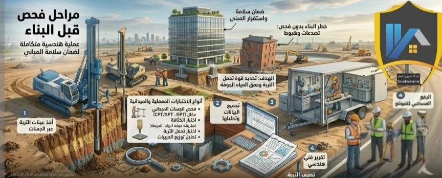 A construction site showing the process of ensuring building safety and sustainability. It includes drilling and testing the ground, analyzing soil types, collecting and analyzing water samples, and preparing laboratory reports. Workers are inspecting the site, with a shield emblem in the top right corner indicating safety and protection.