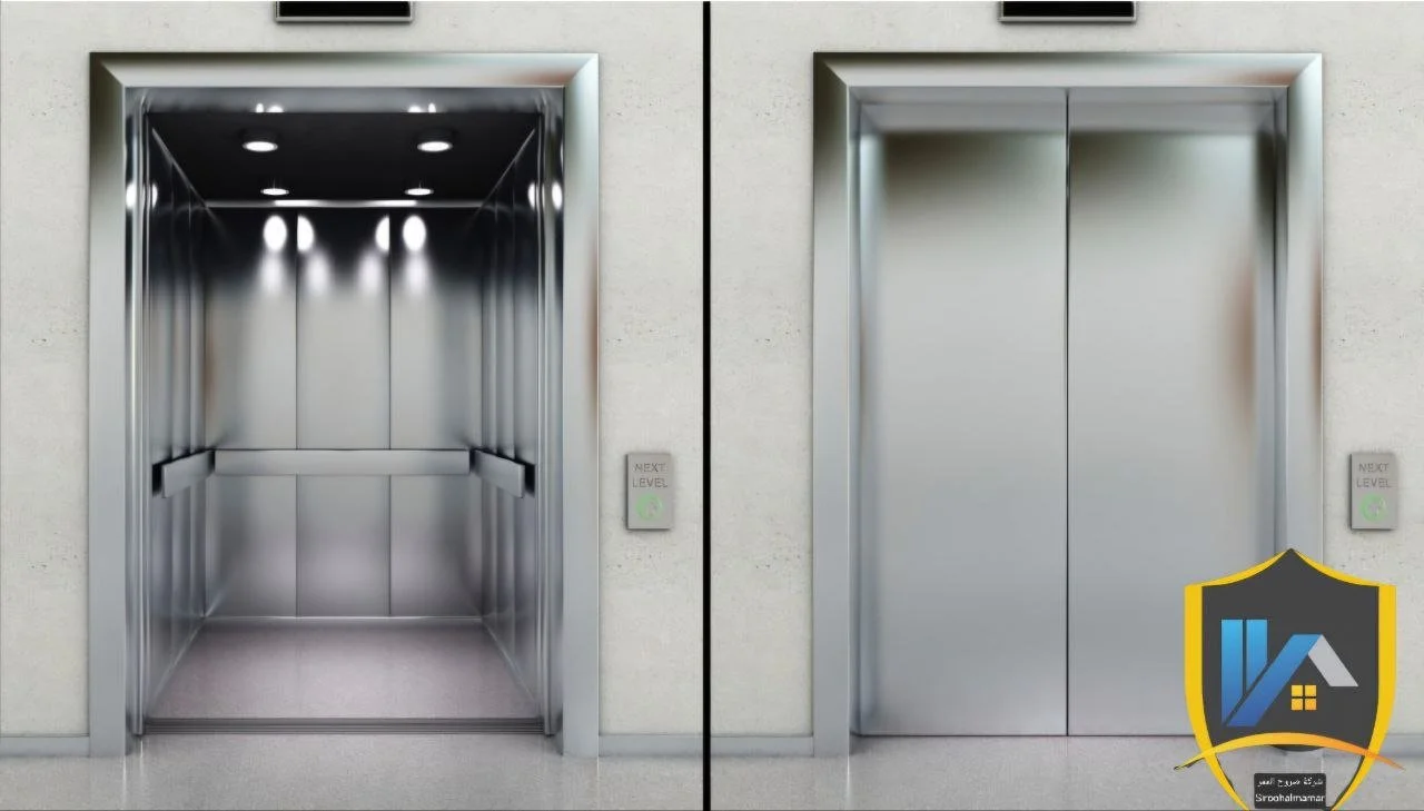 Comparison of two elevator doors, one open showing the interior and one closed, both with metallic frames and buttons labeled 'Next Level' beside each door.