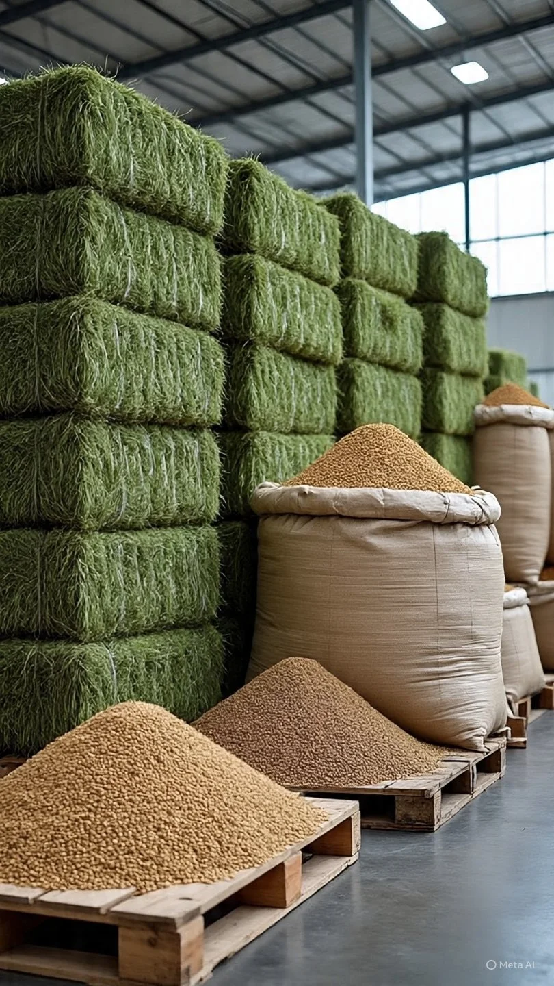 Bales of green hay stacked on wooden pallets inside a warehouse, with sacks of grain or seeds nearby.