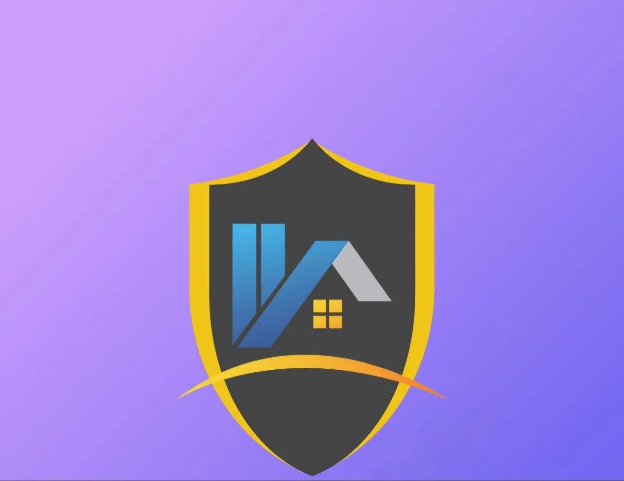 A shield emblem with a black background, yellow border, and a design of a house outline and a blue letter 'V' on a purple background.