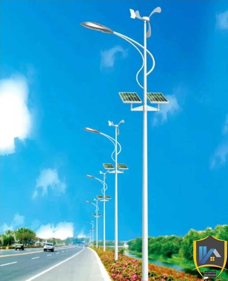 Series of solar-powered streetlights along a highway with green trees and plants nearby, under a bright blue sky.