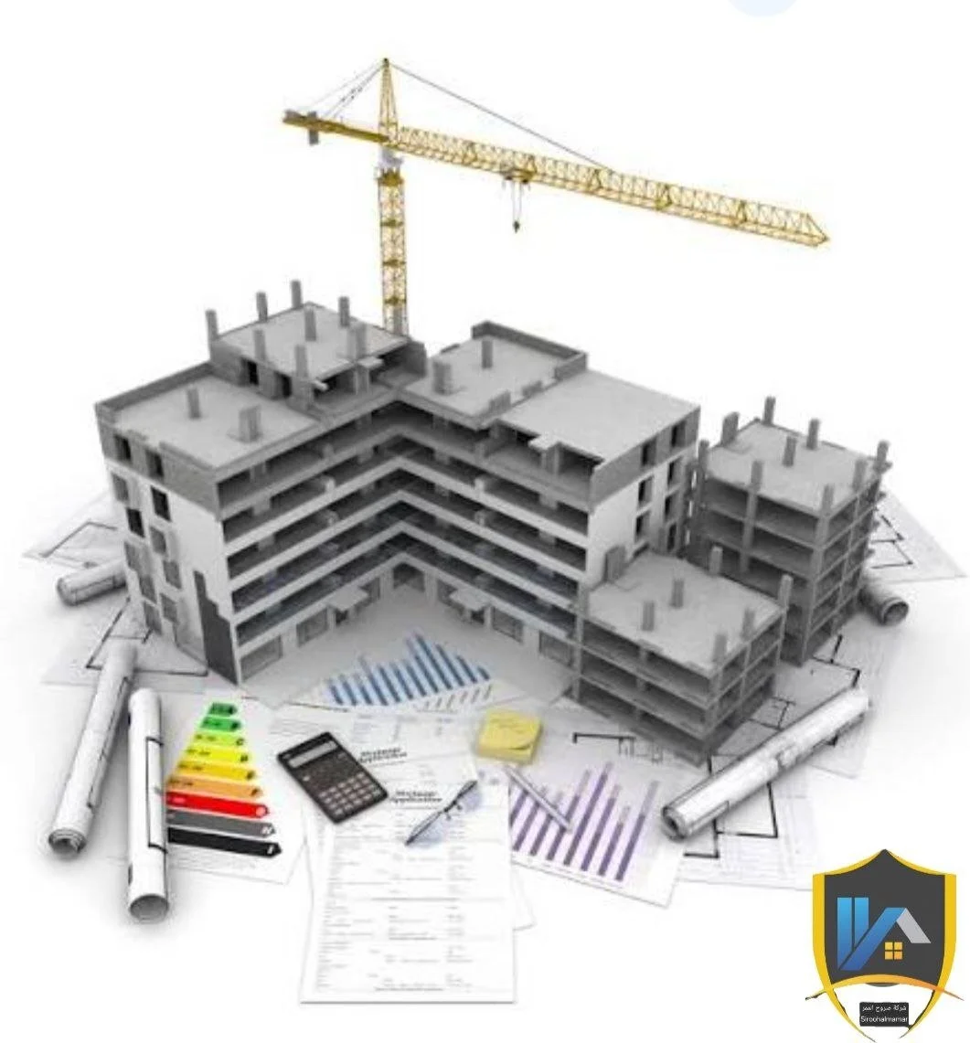 Model of a multi-story building under construction with a yellow tower crane, construction plans, rolled blueprints, and scientific measurement tools on a white surface.