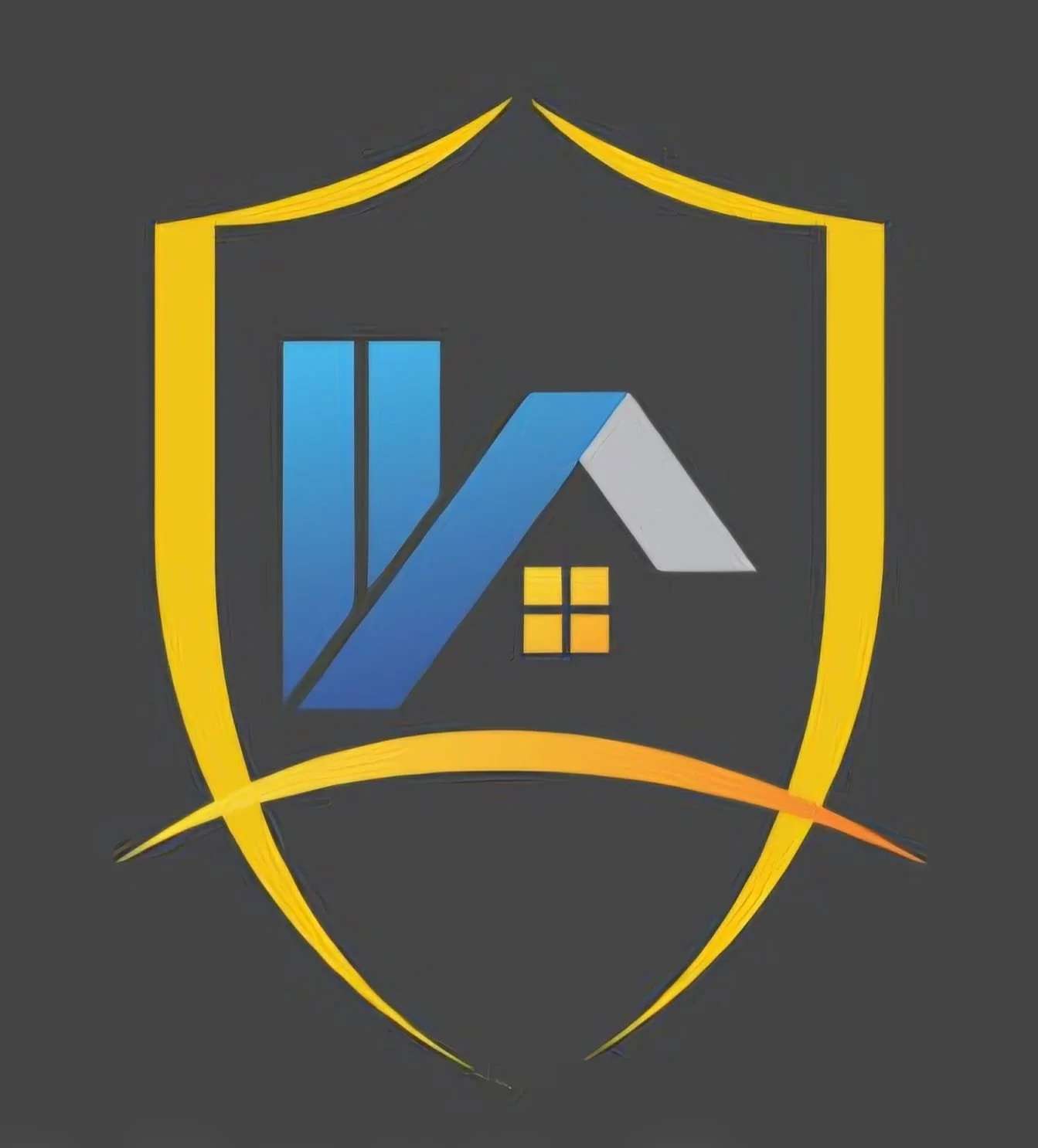 A dark gray shield-shaped logo with yellow borders, featuring a stylized house with a blue roof and a yellow window, and a blue checkmark overlapping the house.