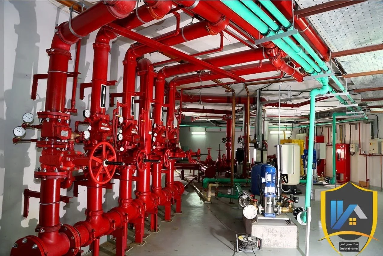 Industrial fire suppression system with red pipes, gauges, and valves, along with a pump and control units in a building's mechanical room, branded with a blue and yellow shield logo in the bottom right corner.