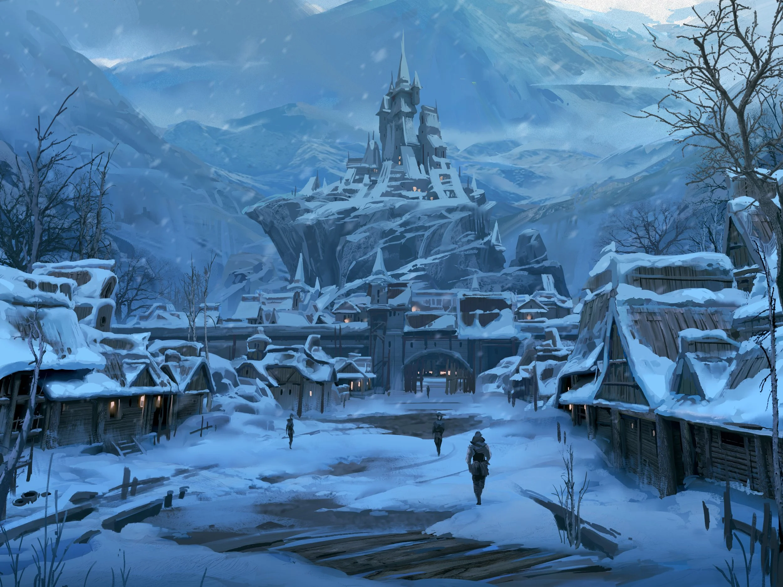 A snowy medieval fantasy village with a large castle built into a mountainous landscape in the background, several small houses, and villagers walking.