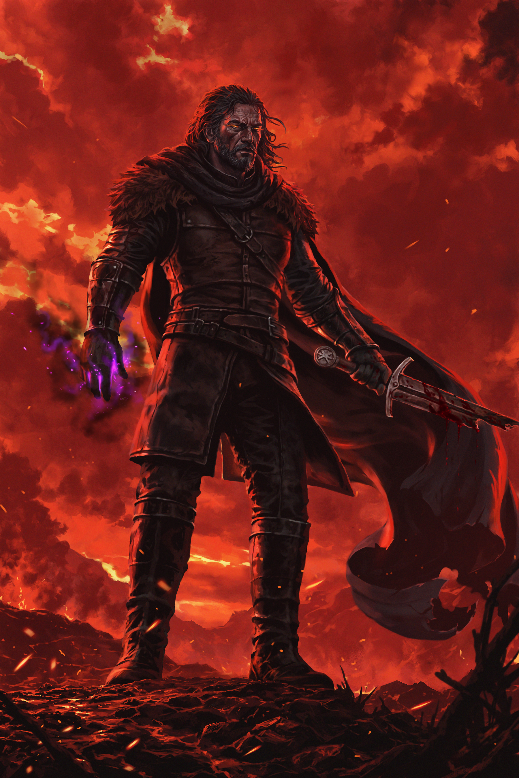 A warrior with long, dark hair and a beard, wearing black armor with fur details, standing amidst a fiery, volcanic landscape. The sky is filled with smoke and flames, and the warrior is holding a sword with blood on its blade, with a glowing purple magical energy emanating from his hand.