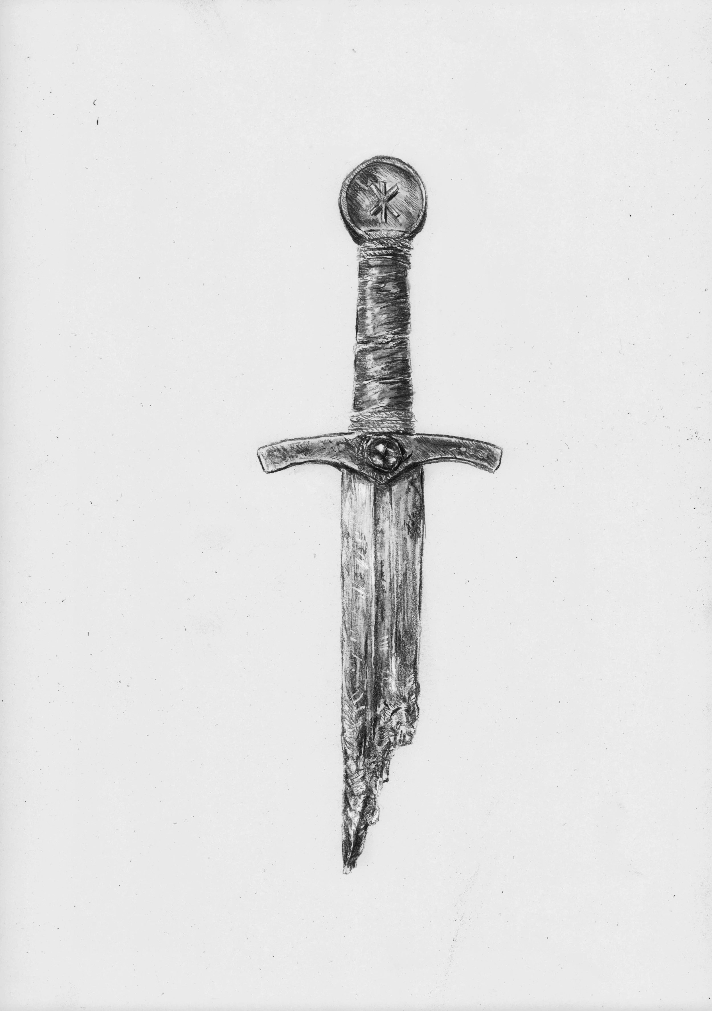 Black and white pencil drawing of a sword with a detailed handle and a long, narrow blade.