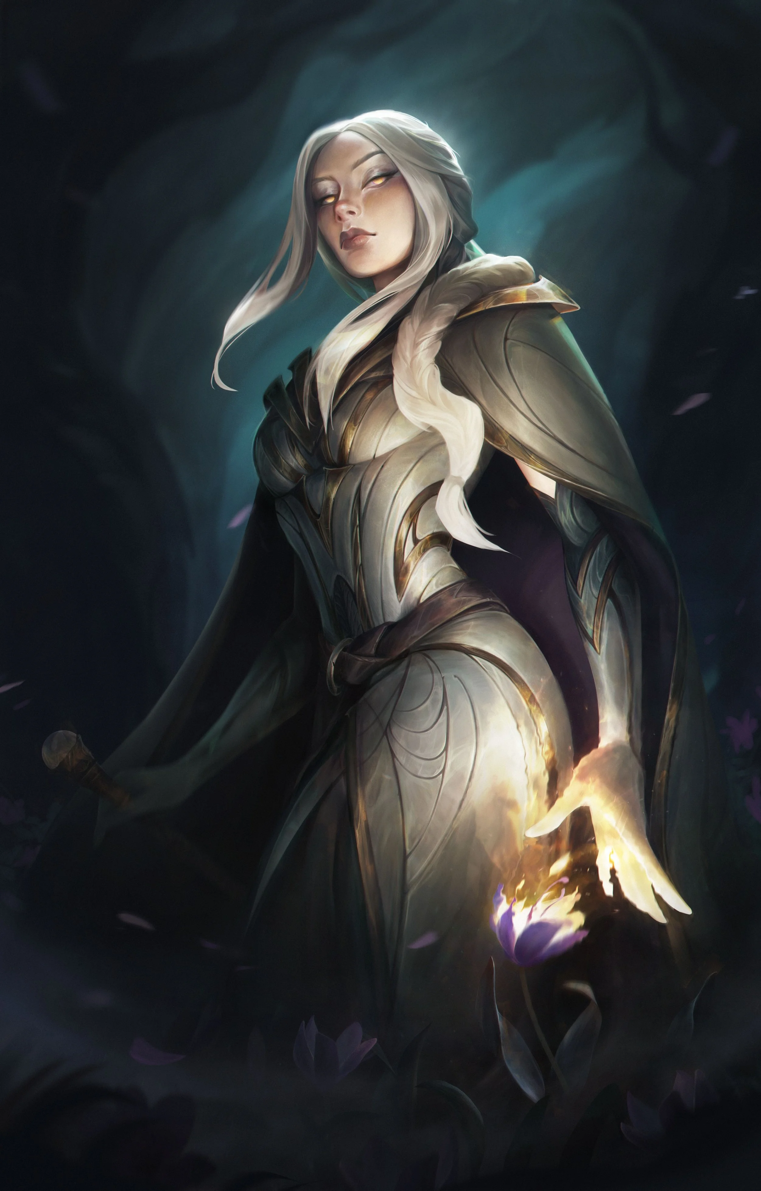 Fantasy artwork of a mysterious woman with silver hair, dressed in golden armor, surrounded by dark, glowing petals and misty surroundings.