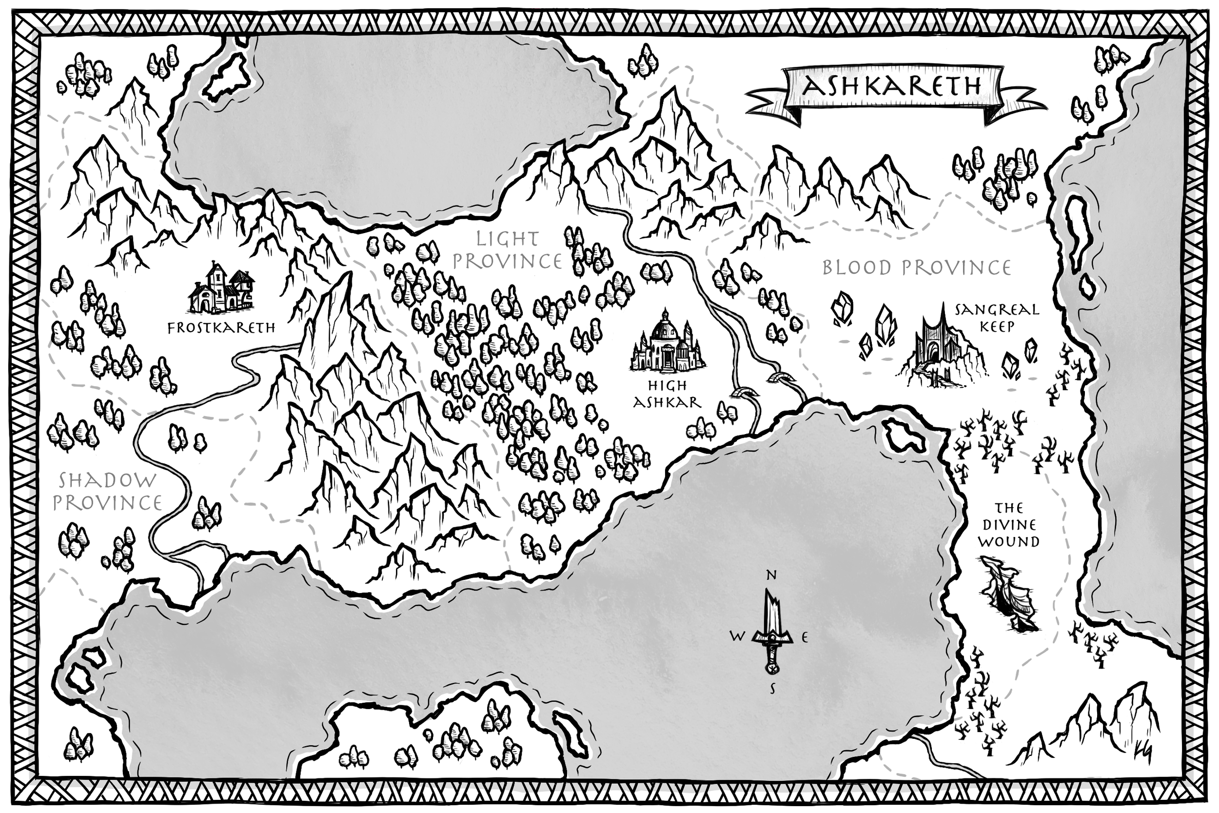 A black and white fantasy map titled 'Ashkareth' with various regions labeled 'Shadow Province,' 'Frostkareth,' 'Light Province,' 'Blood Province,' 'Sangreal Keep,' 'High Ashkar,' and 'The Divine Wound'; mountains, forests, a castle, a church, a city, and a dragon illustration are depicted.