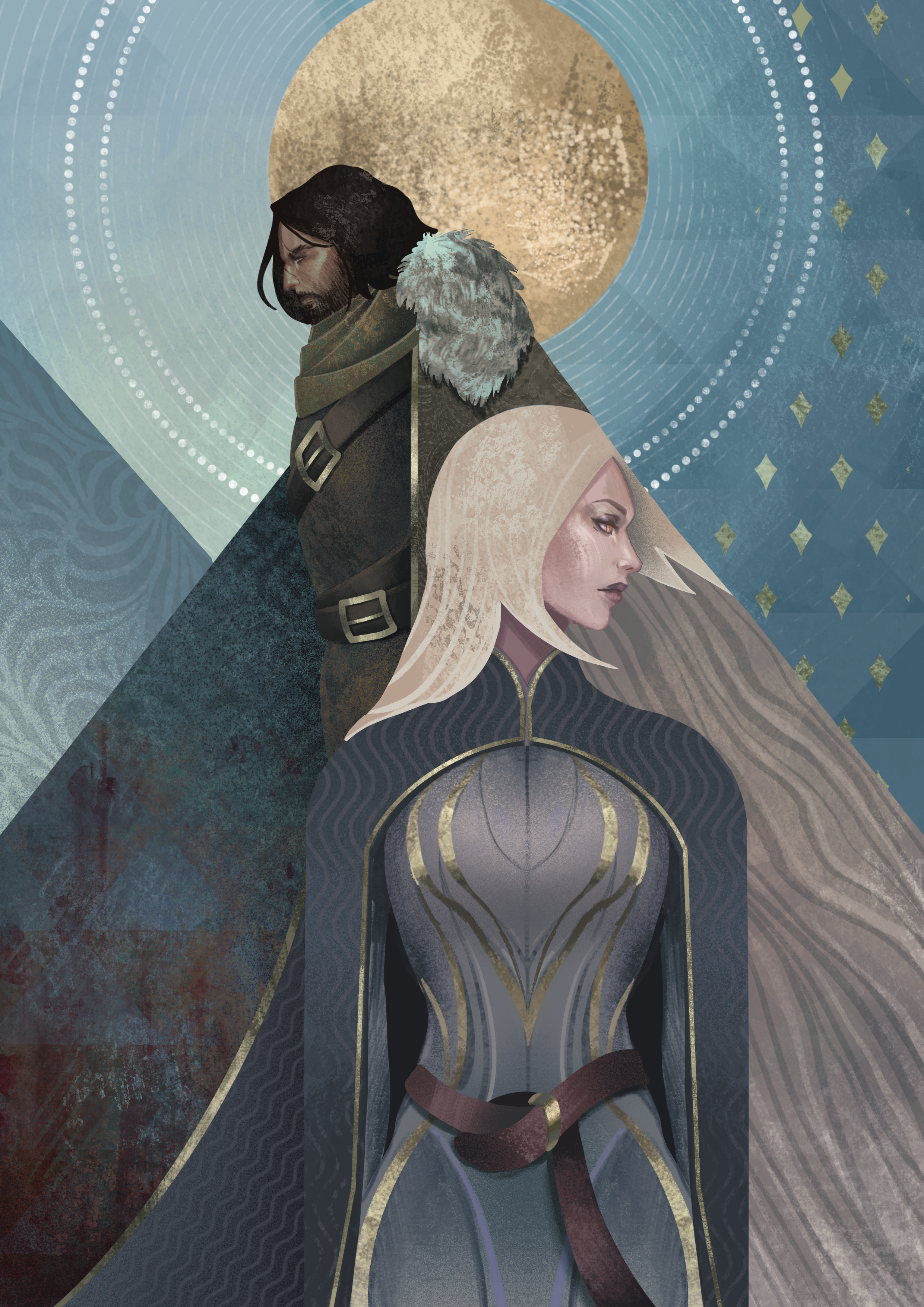A fantasy illustration of two characters, a woman with platinum blonde hair and a man with dark hair and a beard, both in armor and cloaks, set against a backdrop of a large full moon and mystical patterns.
