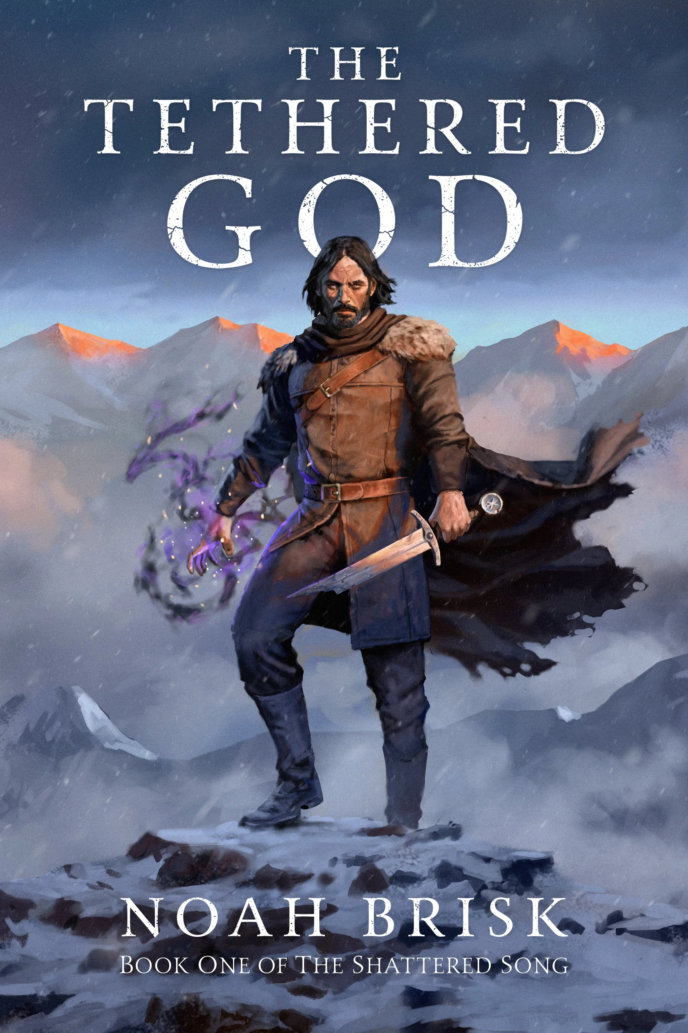 Book cover for 'The Tethered God' by Noah Brisk, depicting a man with dark hair and beard, dressed in rugged clothing, standing on rocky terrain with mountains in the background, under a cloudy sky.