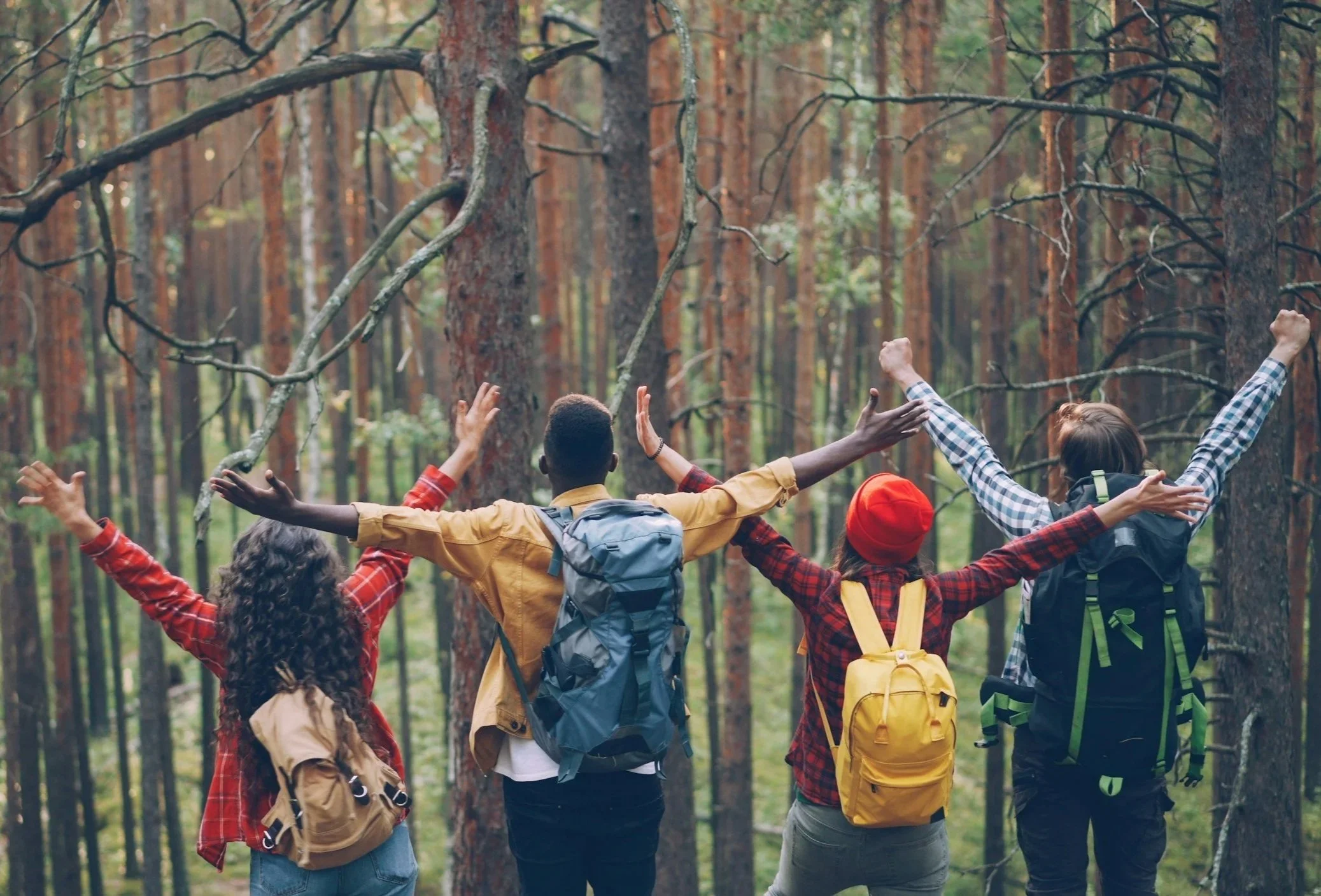 Group of diverse young people hiking in a forest with arms raised and backpacks