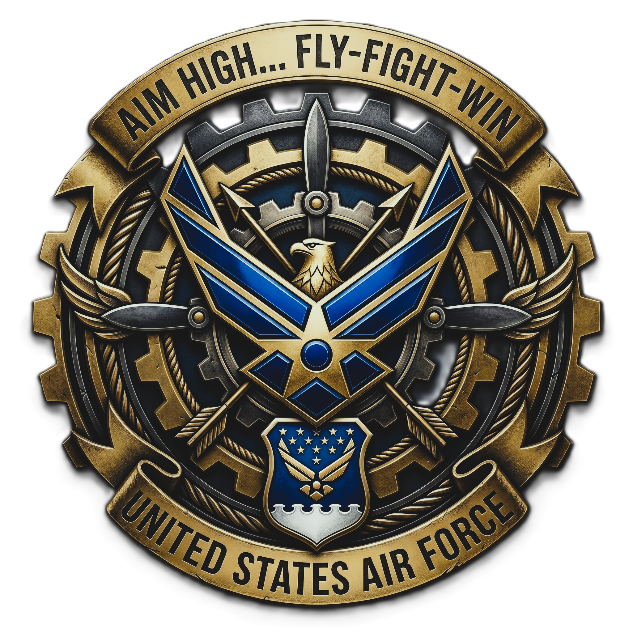 United States Air Force patch with a gold and black design, featuring an eagle emblem at the center, surrounded by text that reads 'Aim High... Fly-Fight-Win' and 'United States Air Force'.