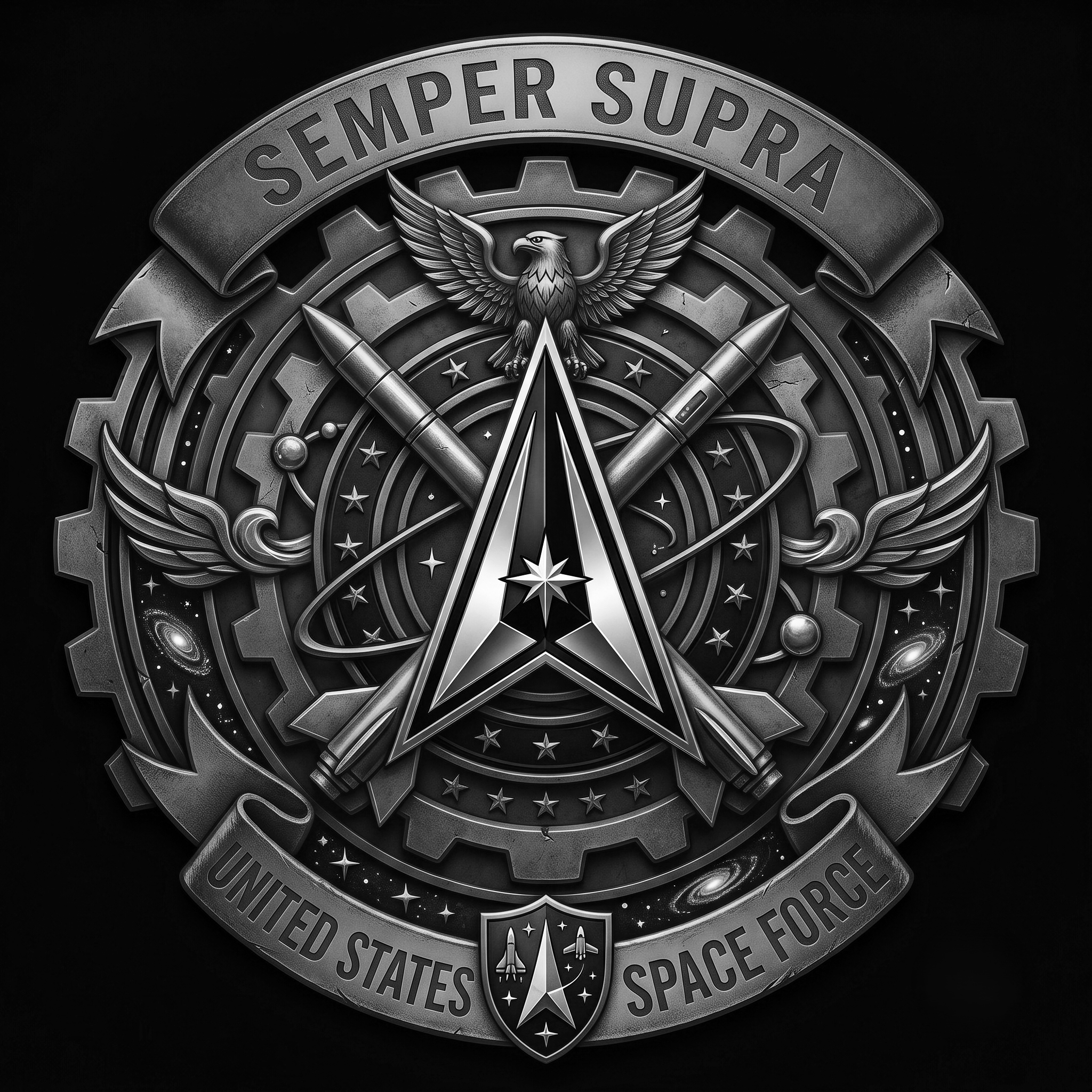 A grayscale emblem featuring the words 'Semper Supra' at the top, with a central eagle with outspread wings above a stylized star and rocket, surrounded by a circular border with the words 'United States Space Force'.