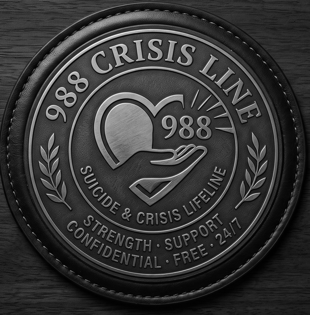 A black circular patch with silver text and design, featuring a heart and hand graphic, the number 988, and the words 'CRISIS LINE,' 'SUICIDE & CRISIS LIFELINE,' along with words like 'STRENGTH,' 'SUPPORT,' 'CONFIDENTIAL,' 'FREE,' and '24/7.'