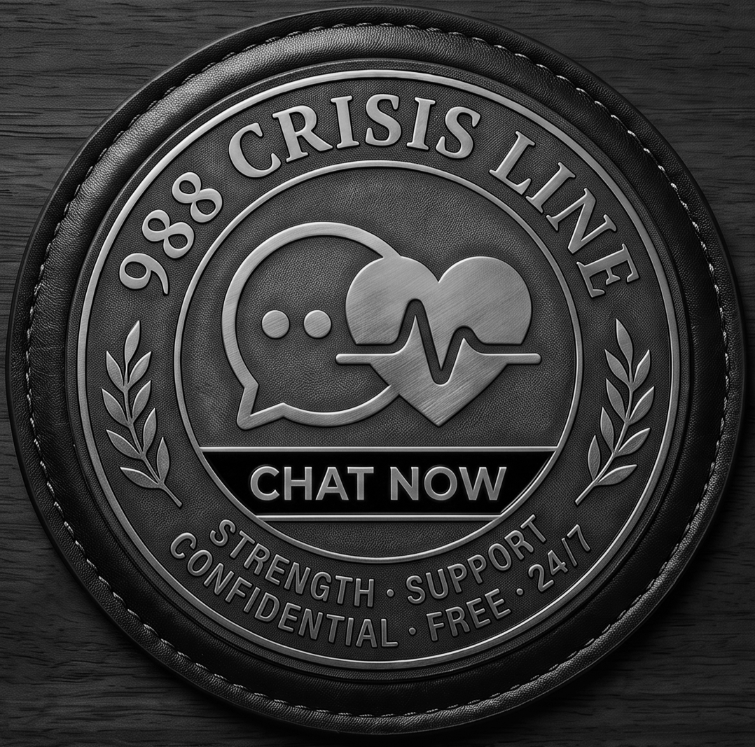 A circular patch with a dark gray background and black border, featuring symbols of a speech bubble and a heart with a heartbeat line, and the text 'CRISIS LINE 988' at the top, and 'CHAT NOW' in the center, with additional words 'STRENGTH SUPPORT CONFIDENTIAL FREE 24/7' around the bottom edge.