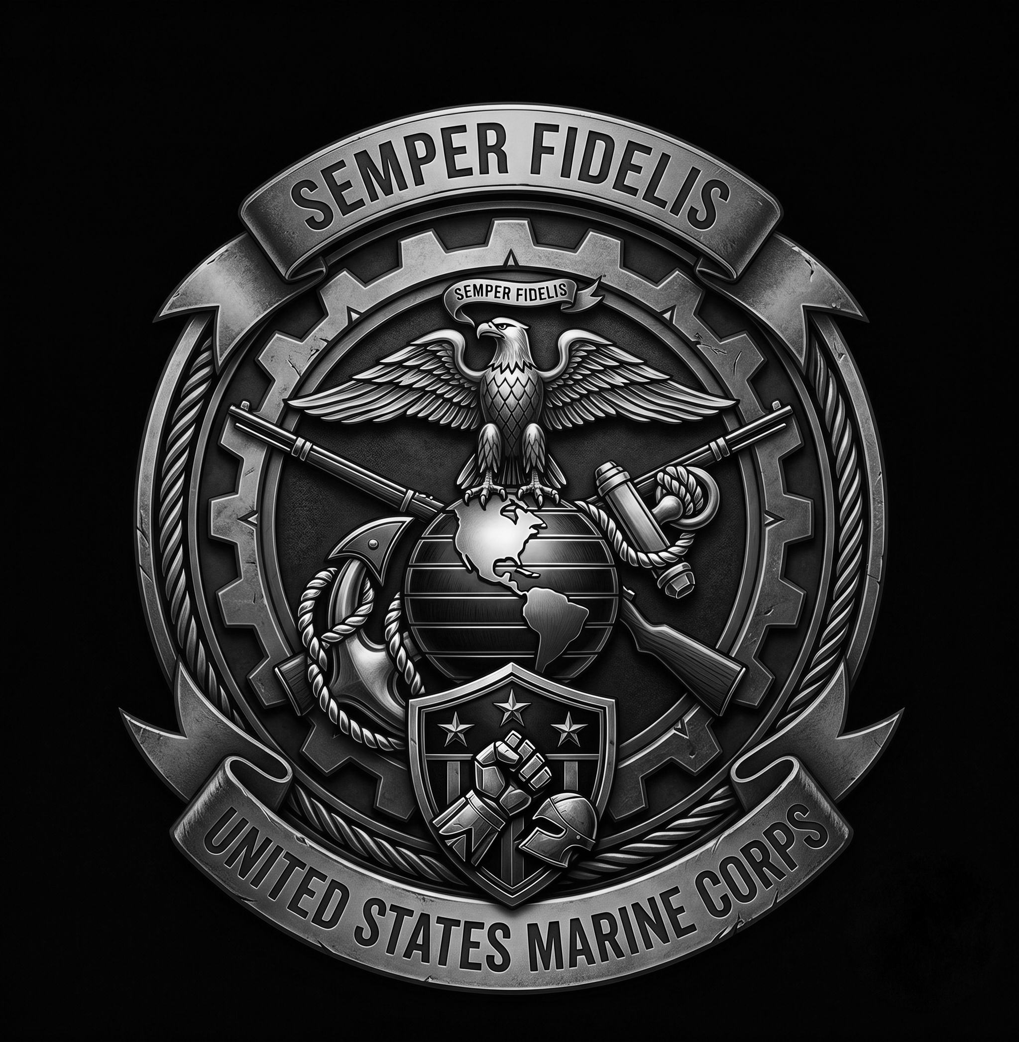 Metal badge with the words 'Semper Fidelis' on a banner at the top, a stylized eagle holding a rifle in the center, surrounded by a circular border with the words 'United States Marine Corps' and 'Unite' at the bottom.