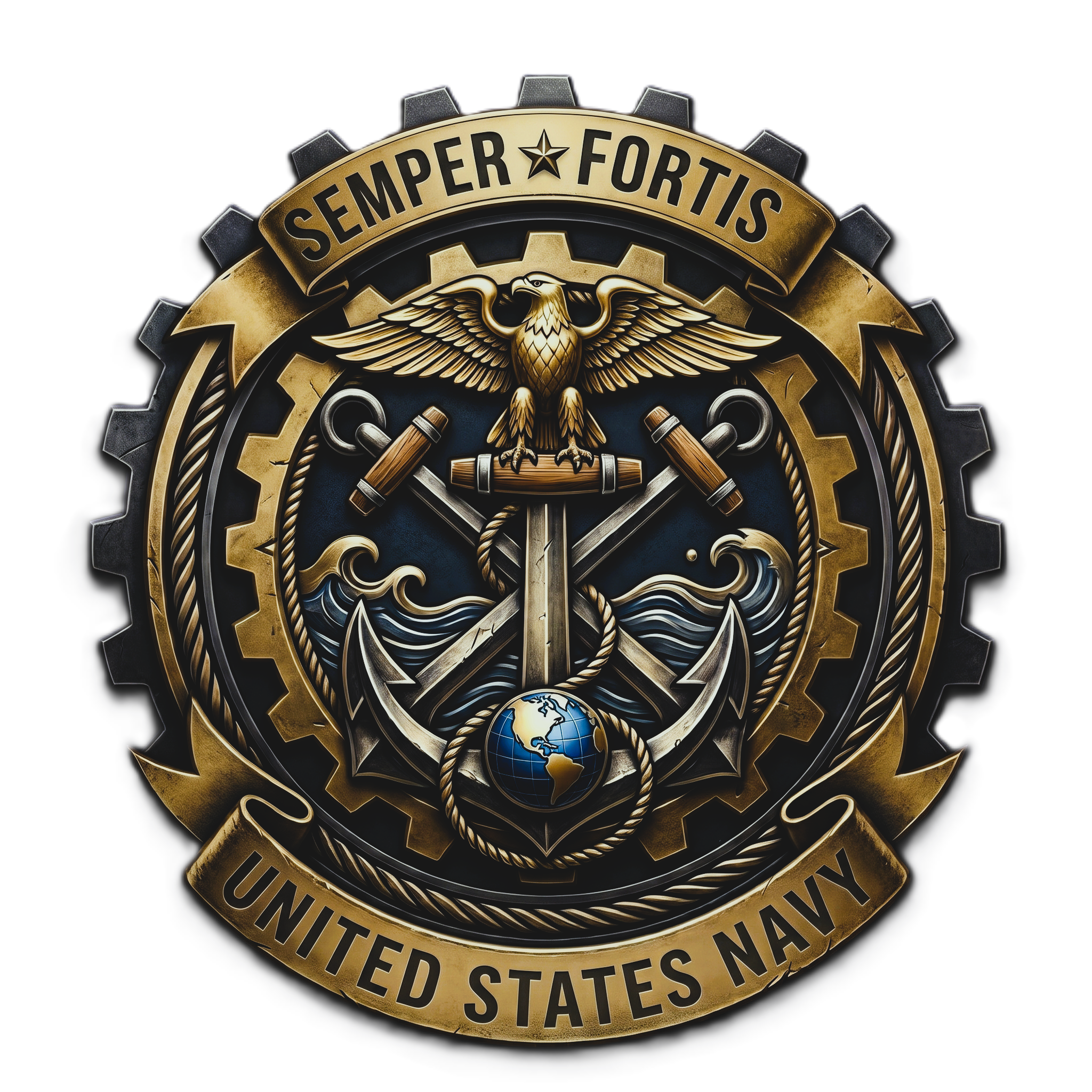 United States Navy emblem featuring a golden eagle with spread wings, a globe, and anchored ropes, with a banner reading 'Semper Fortis' and a gear-like border.