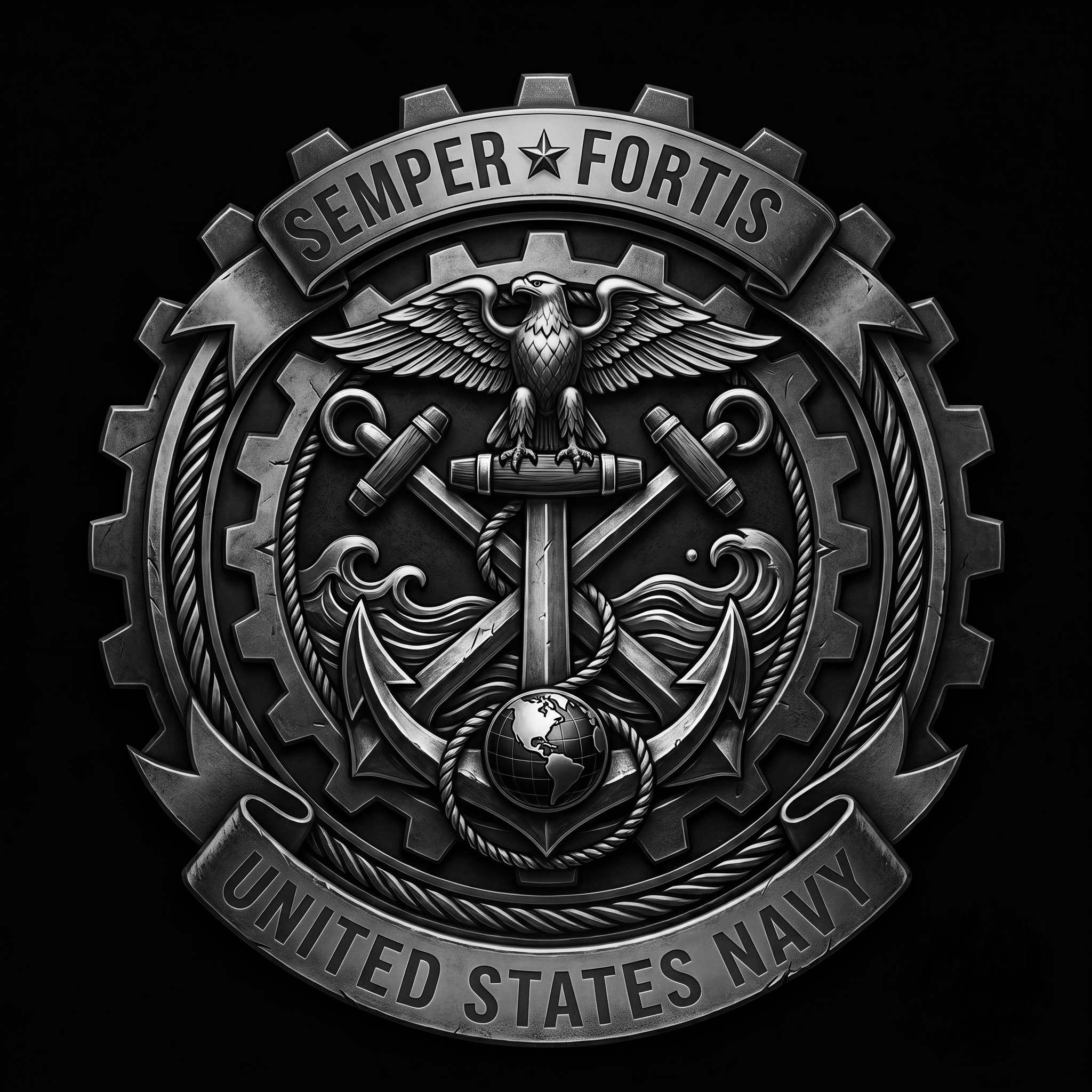 Close-up of a metallic badge with an eagle emblem, gear-like border, and engraved text reading 'Semper Fortis' and 'United States Navy' against a black background.