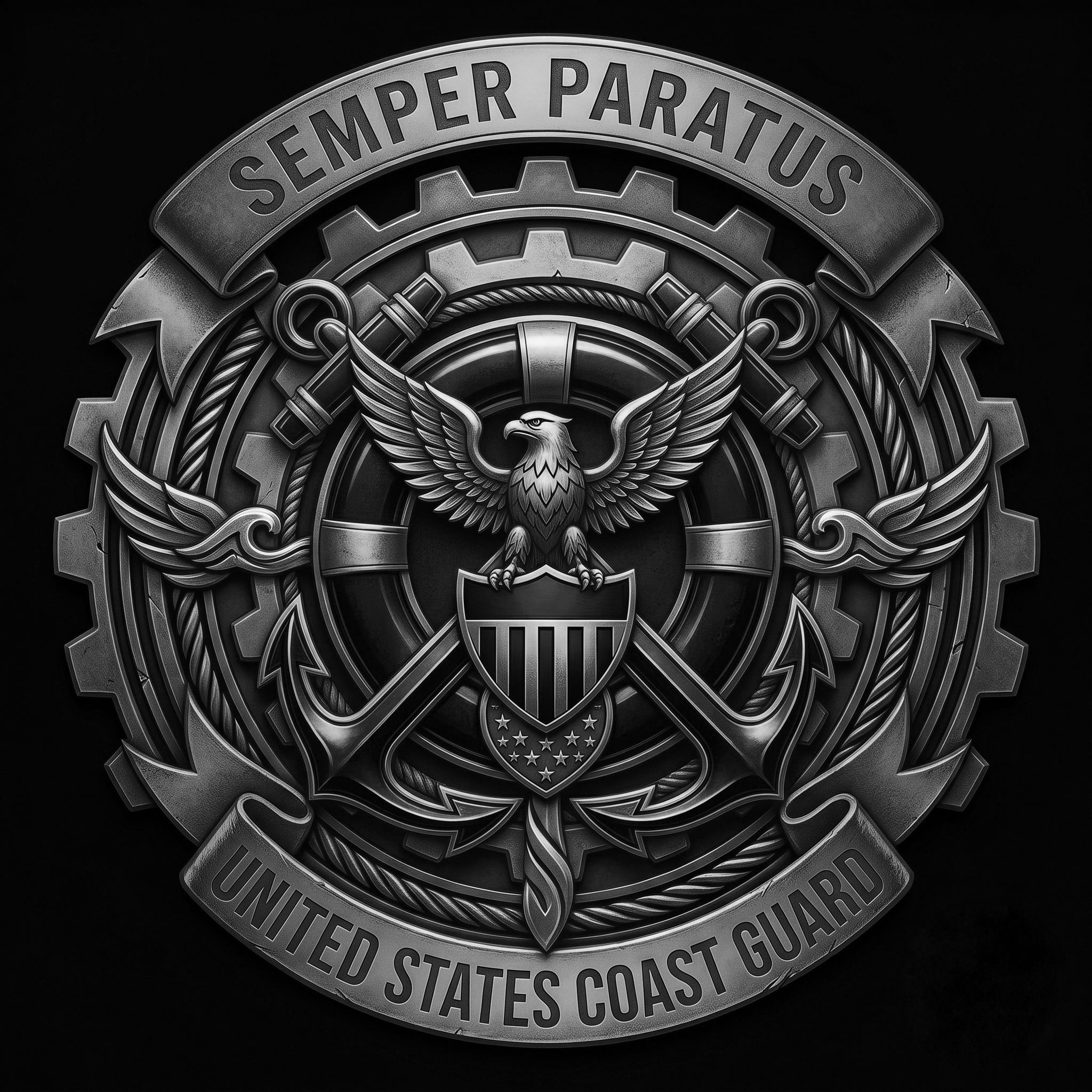 Close-up of a metallic badge or emblem with the words "Semper Paratus" at the top and "United States Coast Guard" at the bottom, featuring an eagle with outstretched wings at the center, surrounded by gears and strategic design elements.
