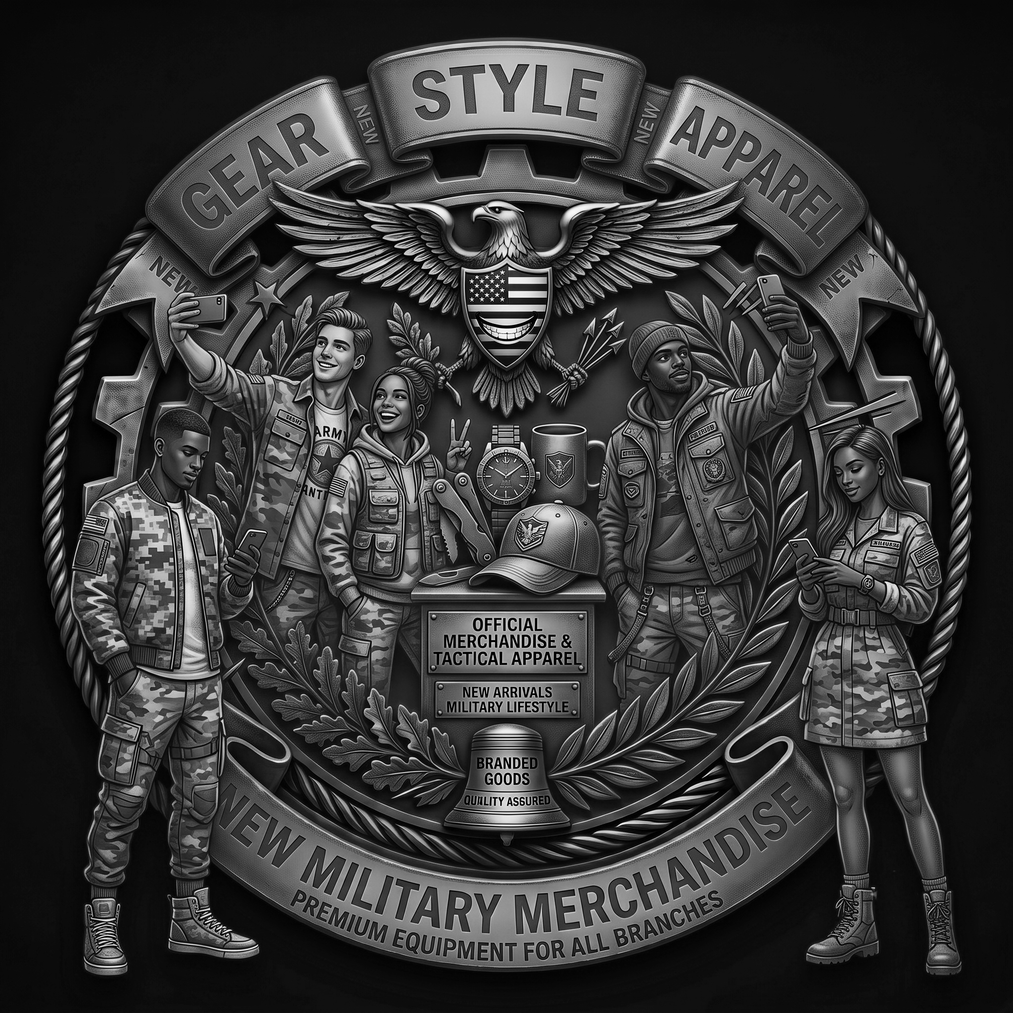 Black and white graphic design featuring military personnel in uniform holding tools, with a prominent eagle emblem and banners reading 'Gear New Style,' 'Gear New,' 'Official Merchandise & Tactical Apparel,' and 'Branded Goods.'