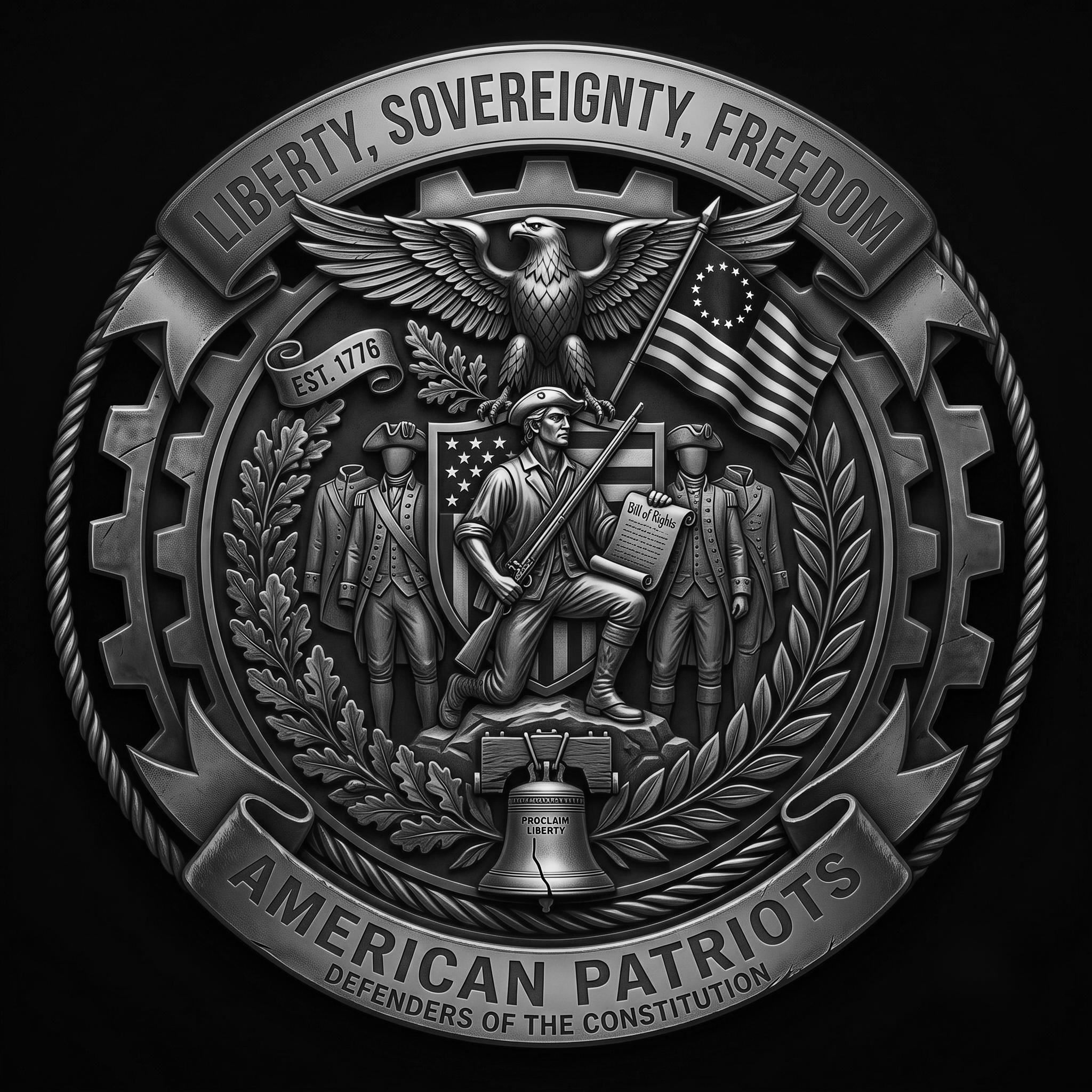 Close-up of a badge or emblem with the words 'Liberty, Sovereignty, Freedom' at the top, an eagle with outstretched wings holding a flag in its talons in the center, and a man holding a copy of the Bill of Rights at the bottom. The emblem is detailed and metallic, with the words 'American Patriot' and other text around the outer edge.