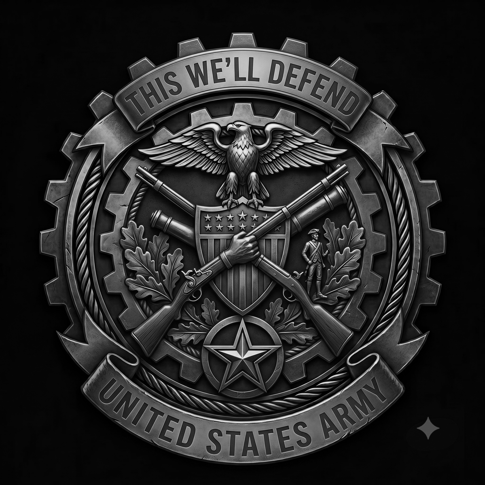 Close-up of a military badge or insignia with a bald eagle, gears, and a ribbon with the text 'THIS WE'LL DEFEND' and a star at the bottom.