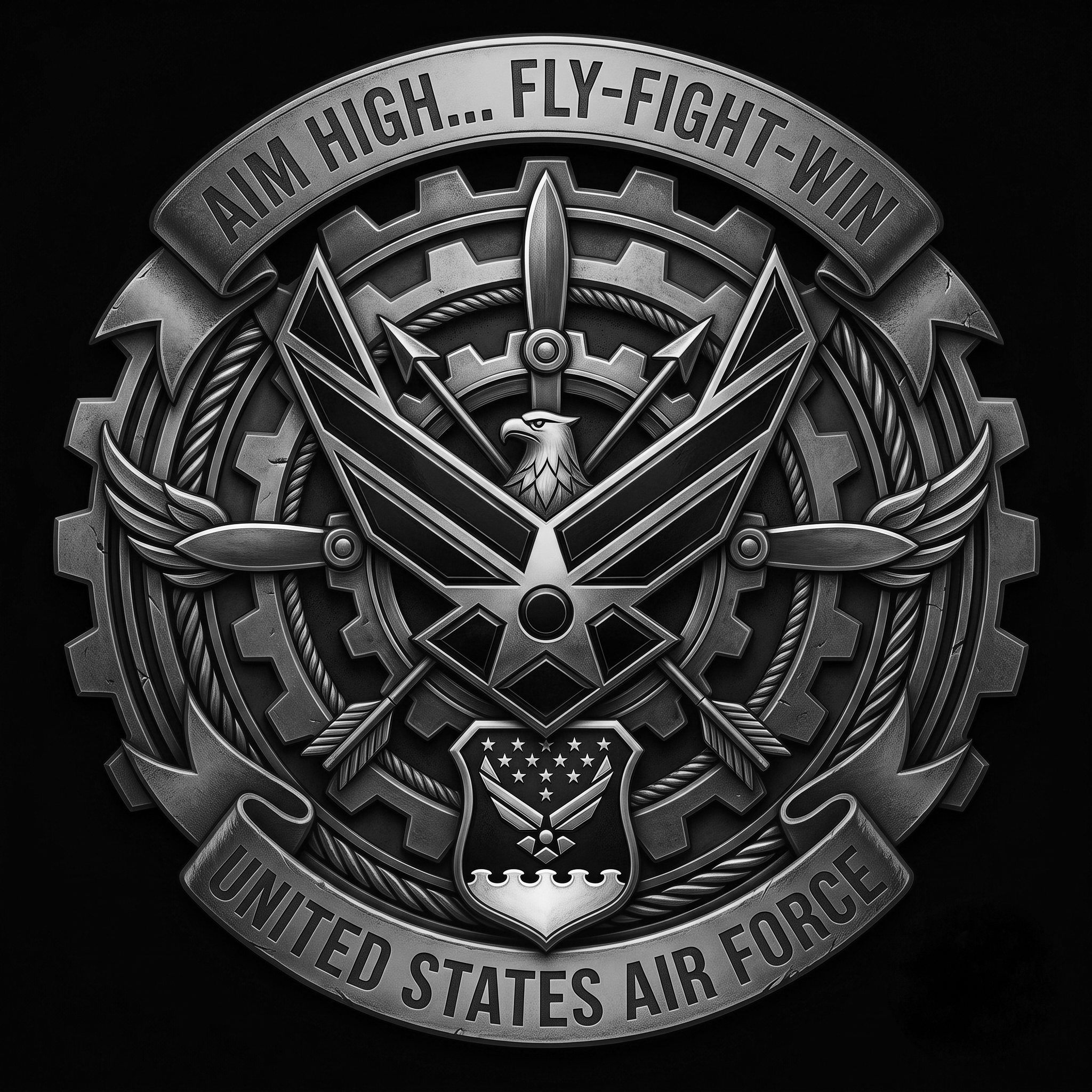 A detailed emblem or badge for the United States Air Force featuring an eagle at the center, surrounded by gears, banners, and stars, with the phrase 'Aim High... Fly-Fight-Win' at the top.