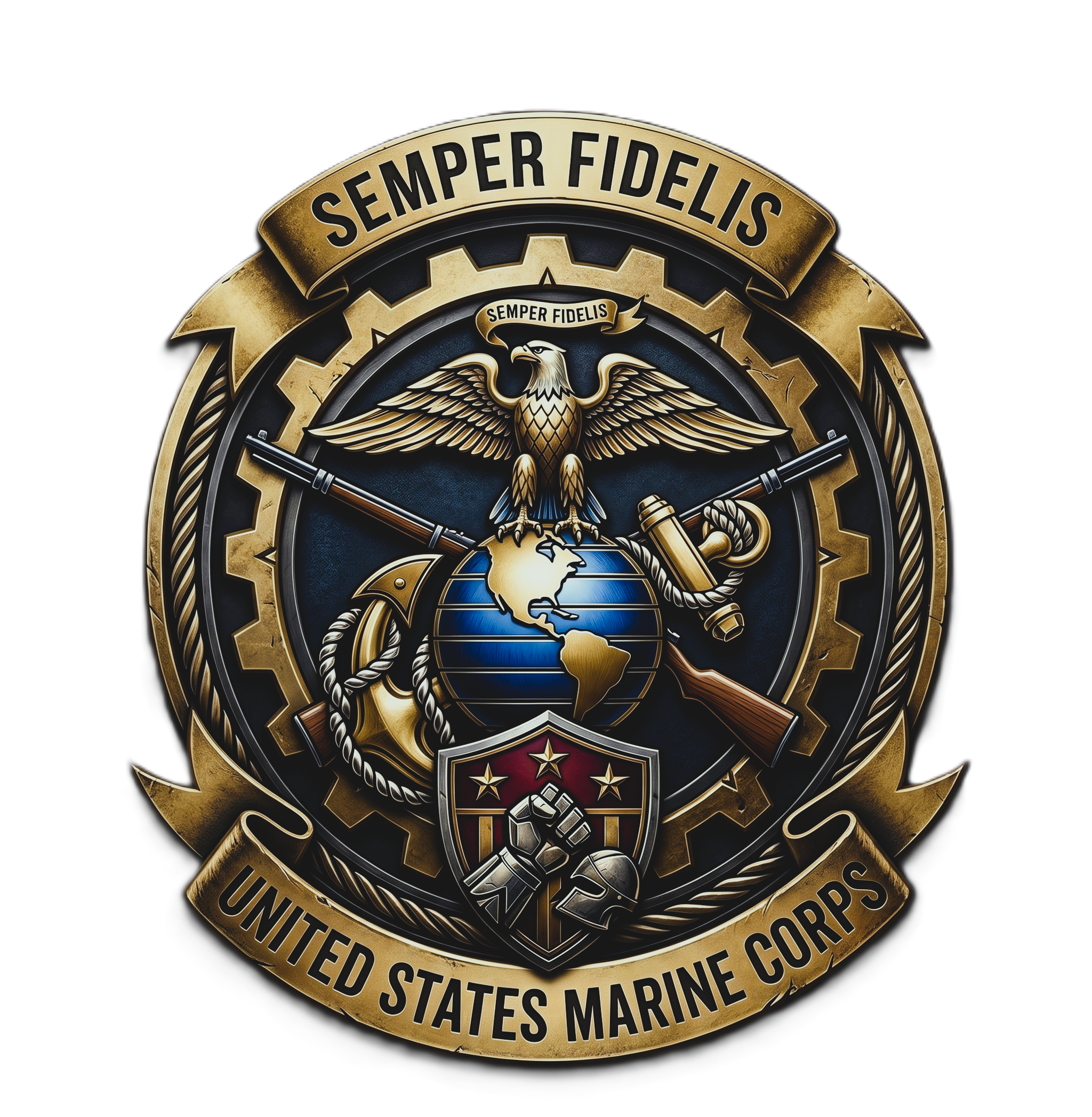 United States Marine Corps emblem with gold and black colors, featuring an eagle, globe, and anchor, and the motto 'Semper Fidelis' at the top.