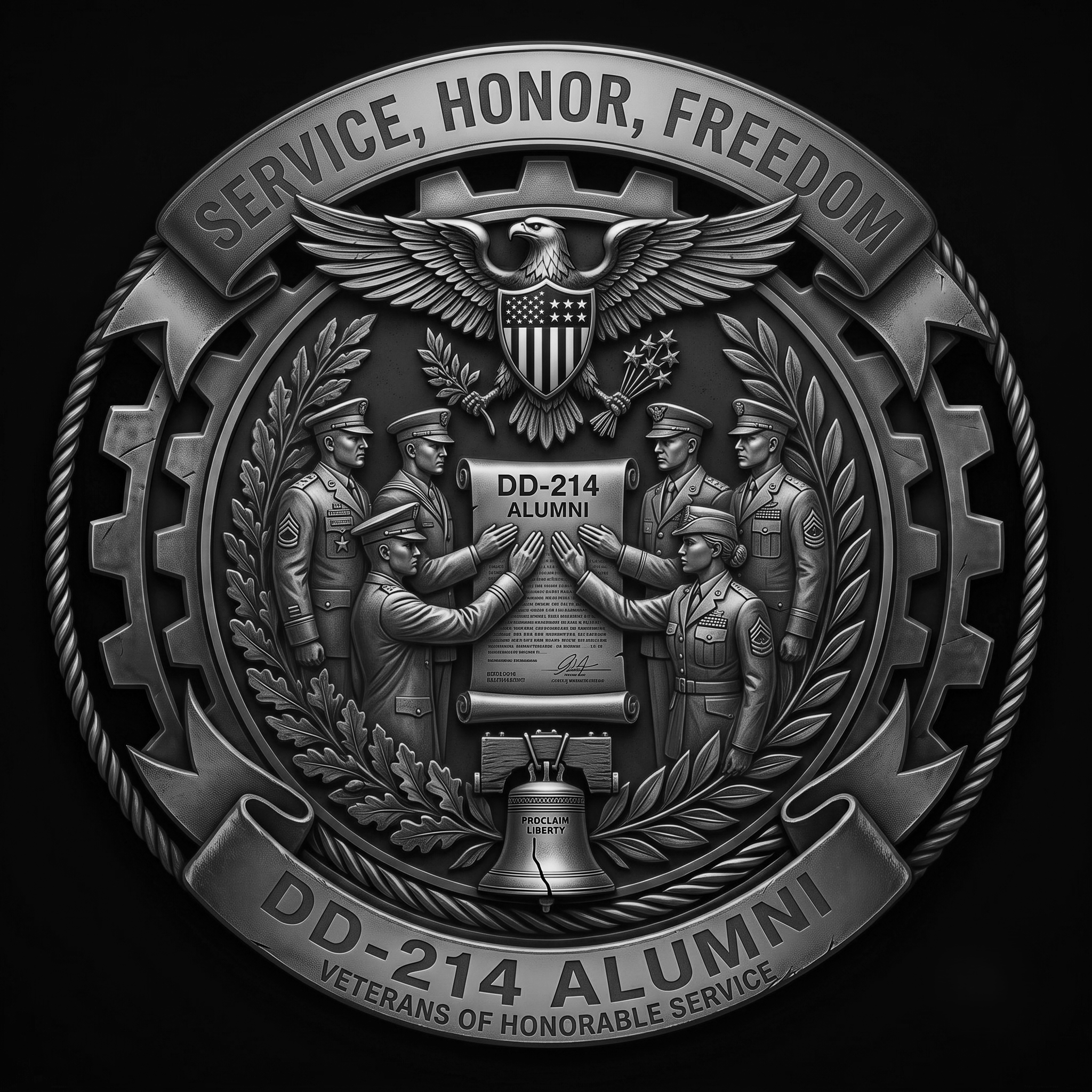 Close-up of a metallic military or veteran badge with an eagle emblem and the words 'SERVICE, HONOR, FREEDOM' at the top, and various inscriptions including a serial number and titles like 'ALUMNI' and 'VETERANS OF HONORABLE SERVICE'.