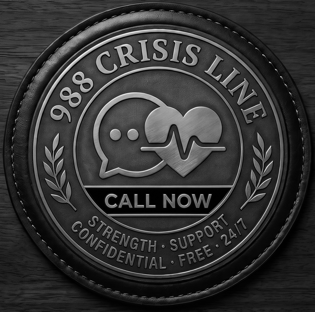 A black circular patch with text and symbols about crisis line support. It says '1988 Crisis Line' and 'Call Now', with a speech bubble and heart icon with an electrocardiogram line. Additional text includes 'Strength, Support, Confidential, Free, 24/7'.