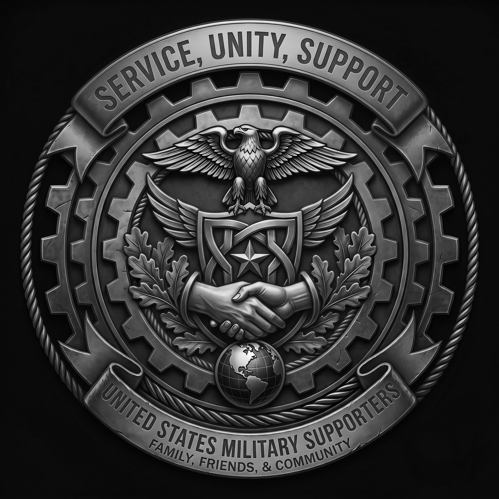 A black and white emblem of the United States Military Support. It features an eagle with outstretched wings holding a shield and arrows, surrounded by a circular gear-like border with the words 'Serving, Unity, Support' at the top and 'United States Military Support' at the bottom. Additional text around the emblem mentions 'Family, Friends, & Community' and 'Faith in our Armed Forces'.