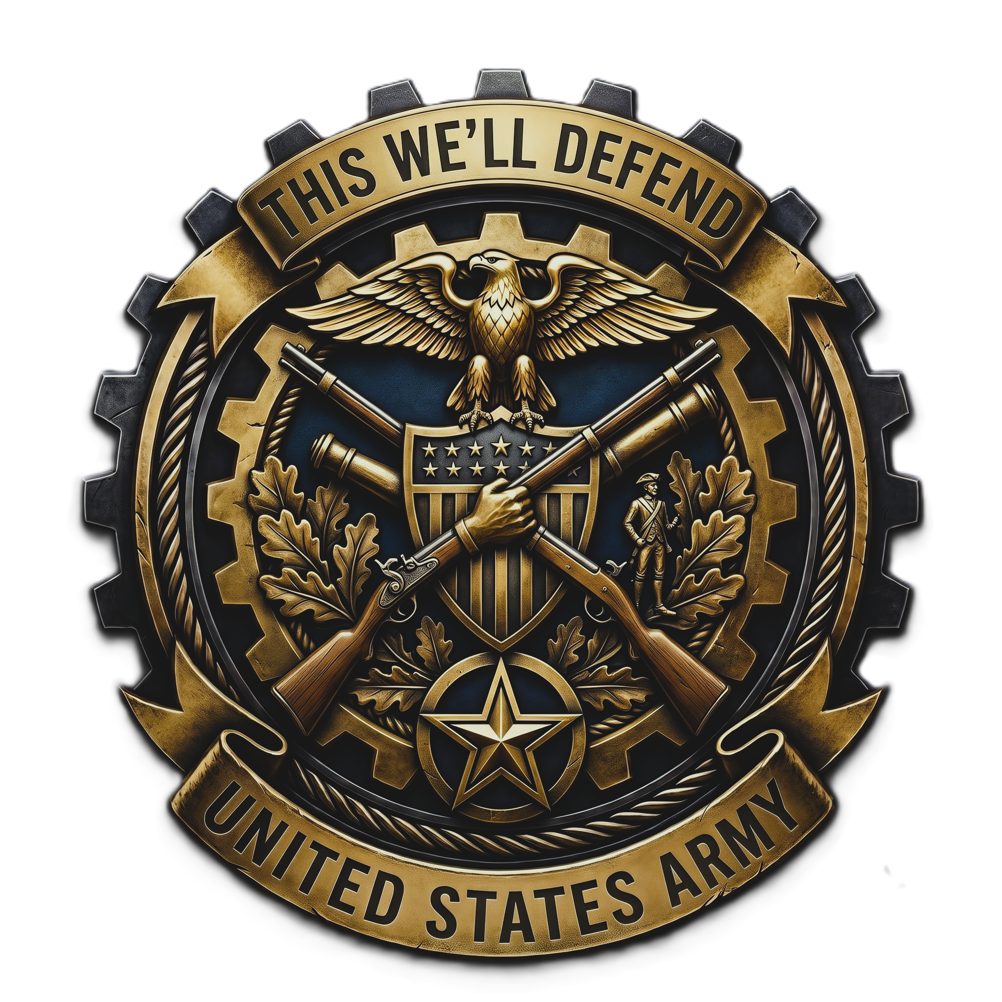 A badge or emblem with gold and black colors, featuring an eagle holding a wrench, surrounded by text that reads 'This We'll Defend' and 'United States Army'.