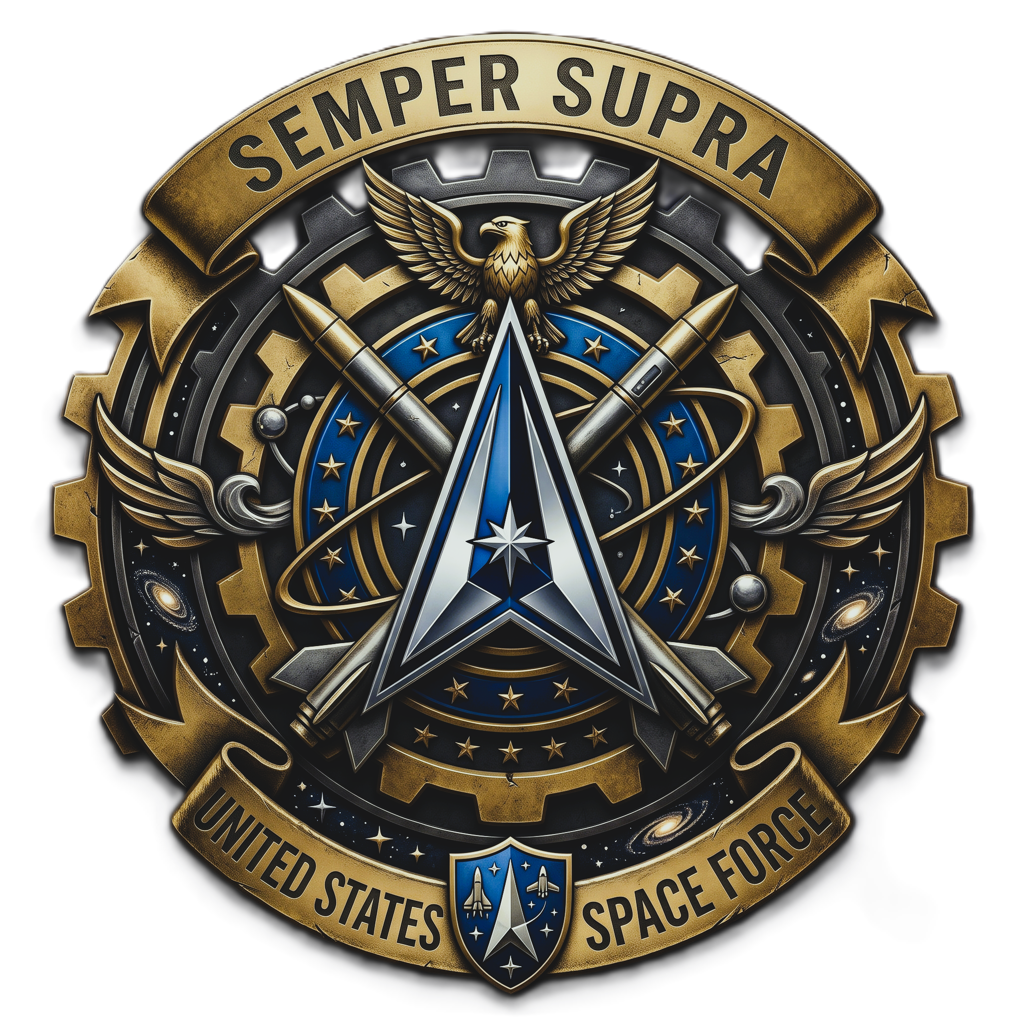 The emblem of the United States Space Force featuring a golden eagle, a shield with stars, and a banner with the words 'Semper Supra'.
