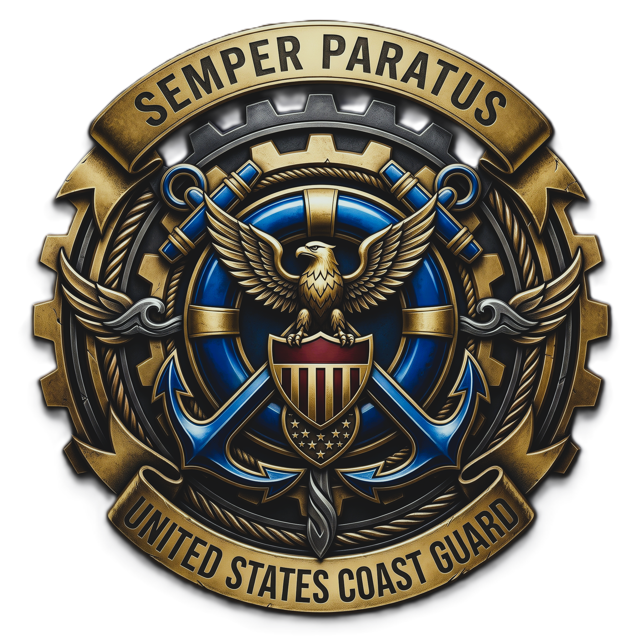 United States Coast Guard emblem featuring an eagle, a shield, and the words "Semi­per­ma­nent" and "United States Coast Guard" in gold and blue colors.