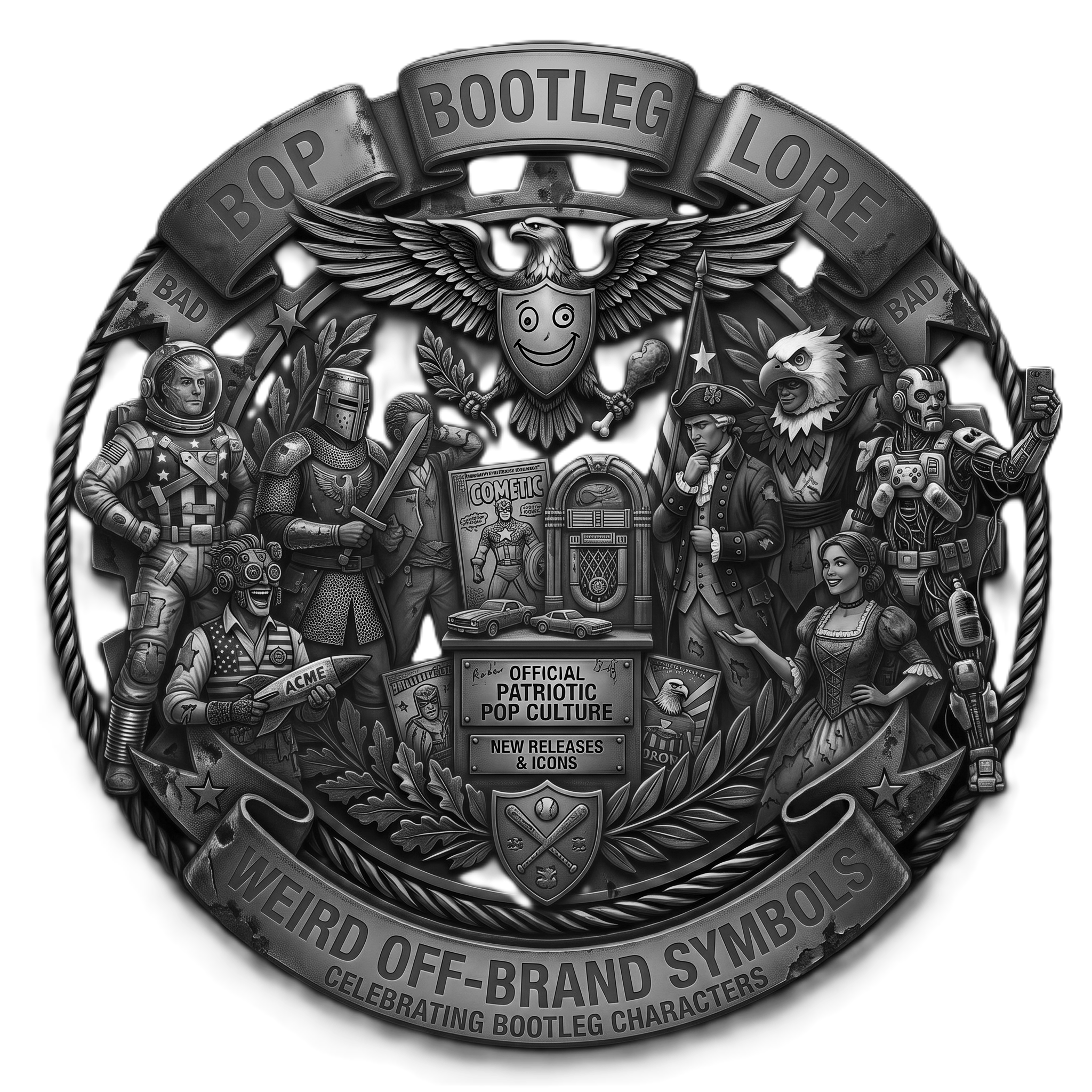 Black and white illustration of a badge with the words 'Bootleg', 'Pop', and 'Lore' at the top, surrounded by various characters and objects representing pop culture, such as a rocket, a bird, cars, a woman, a man, and a robot. The badge has a ribbon-like banner with text related to celebrating bootleg cult characters and pop culture.
